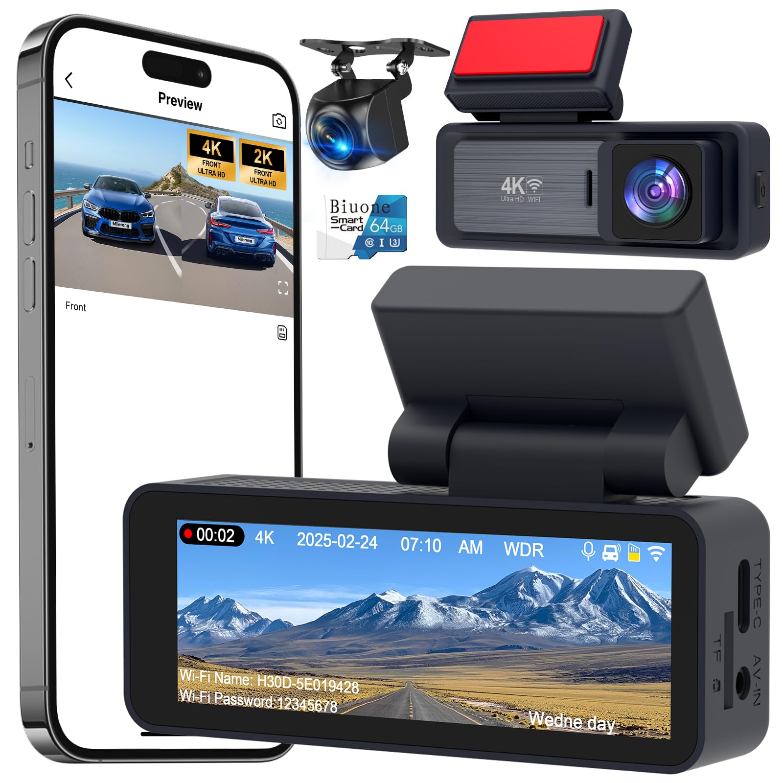 Biuone M88 4K Dash Cam main unit showing the front lens and screen.