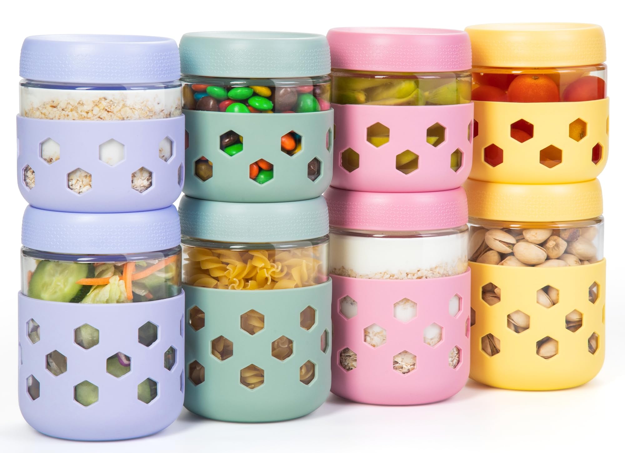Gemice 8-Pack Glass Overnight Oats Jar with Silicone Sleeves, 500ml & 300ml Overnight Oats Containers with Lids, Salad Breakfast Pots Mason Jars for Chia Pudding Granola Yoghurt Porridge Cereals