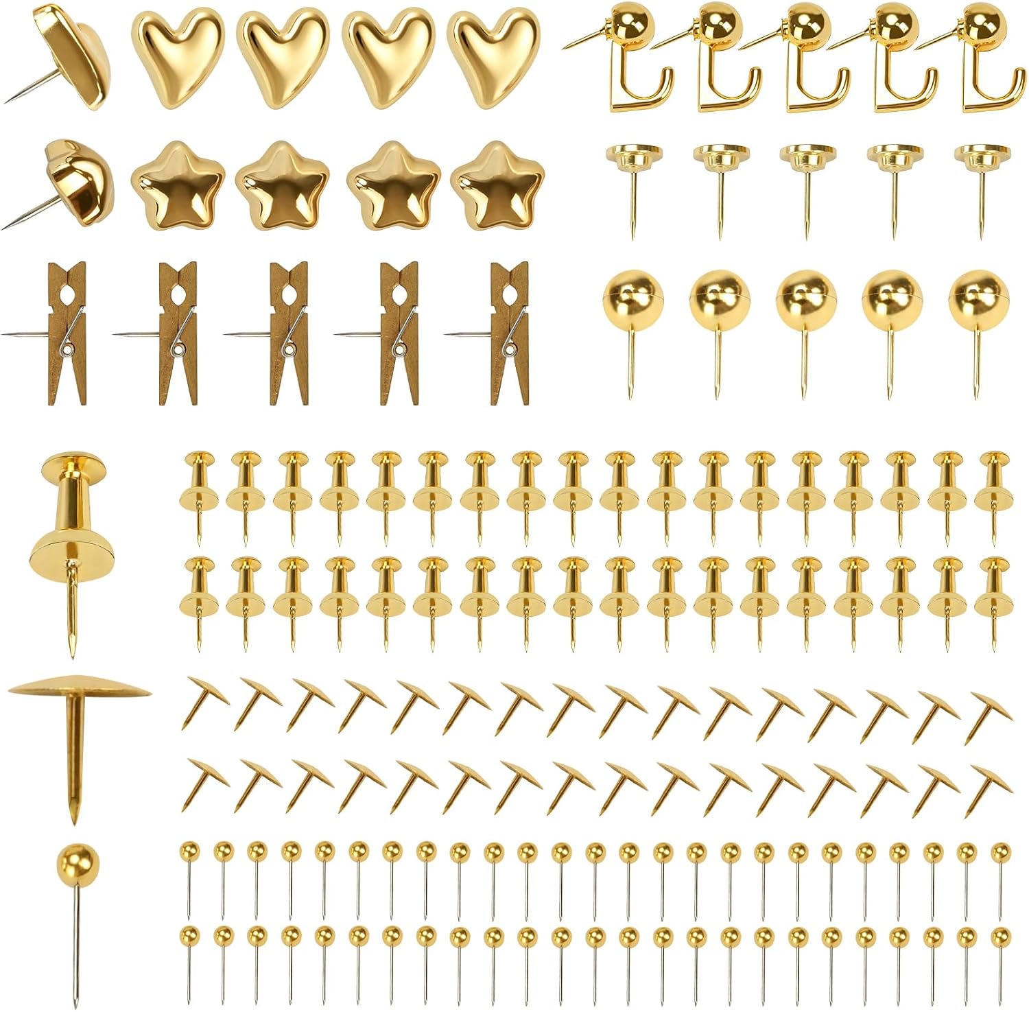 210 Pcs Gold Push Pins Set, 9-Style Decorative Thumb Tacks with Hooks&Clips