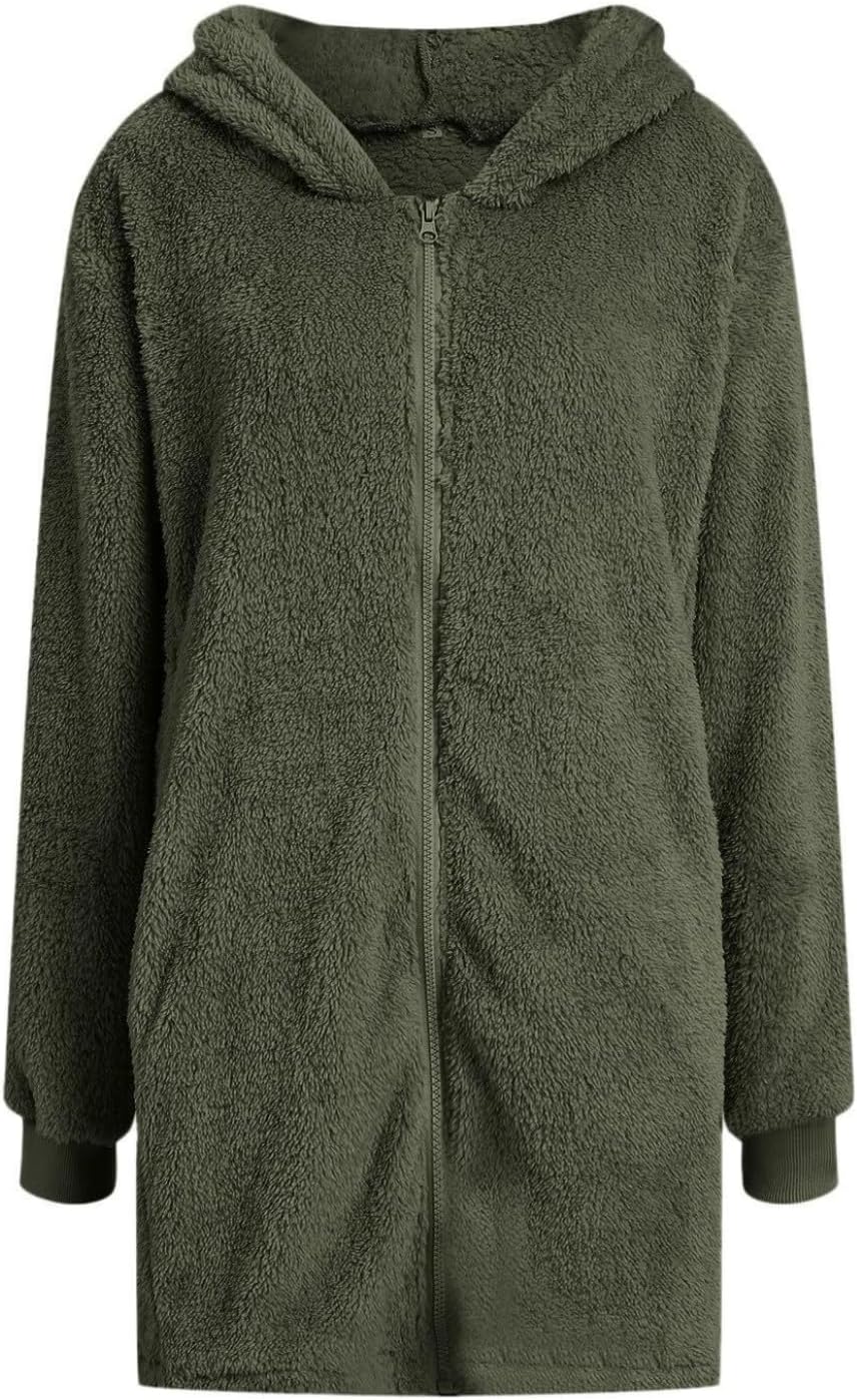 Women's Oversized Fleece Jacket Hooded Zip-Up Cardigan Coat with Pockets Warm Winter Casual Wear for Vacation - Image 5