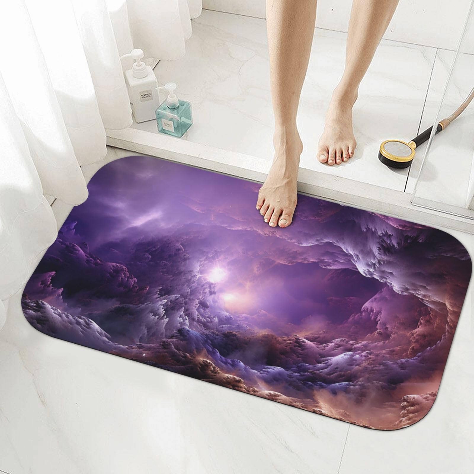 Tapis de bain en pierre mauve galaxie pour une sortie de douche sereine et propre