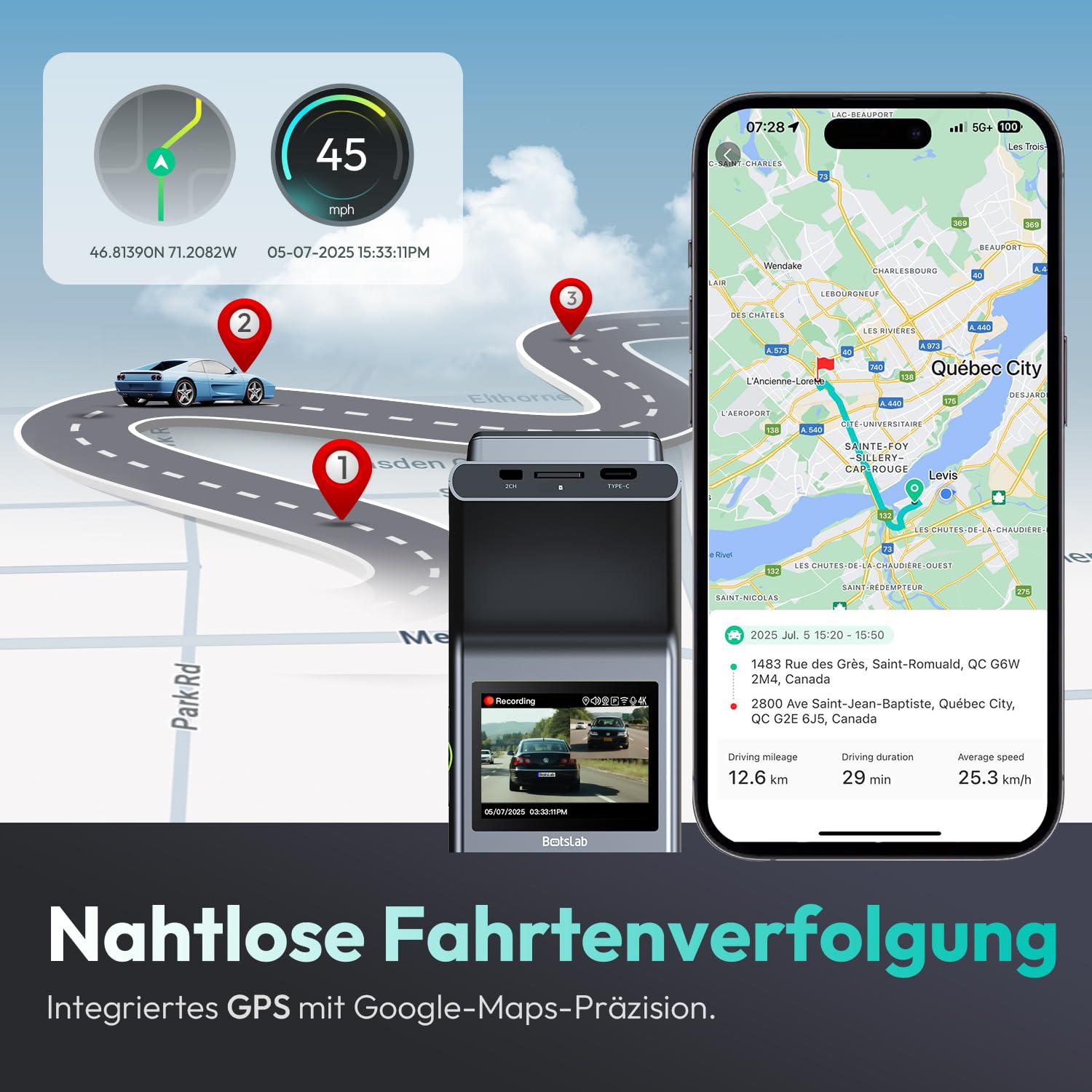 BOTSLAB 4K Dashcam Auto Vorne Hinten mit STARVIS 2 Sensor, WDR Dual-Kanal, 64GB SD-Karte, Super Nachtsicht, Sprachsteuerung, 5,8GHz Wi-Fi, GPS, bis 256GB