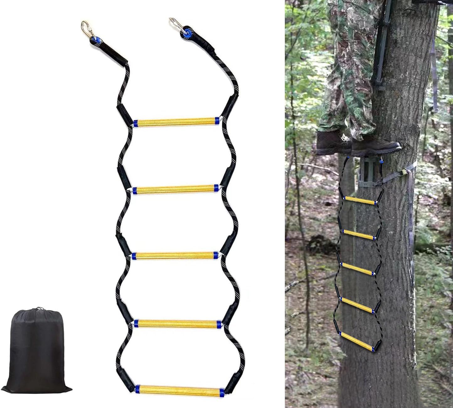 5-Step Climbing Stick Aider for Hunting, Heavy Duty 400Lbs Strength Climbing Steps with Storage Bag, Webbing Rope Ladder for Climbing Sticks