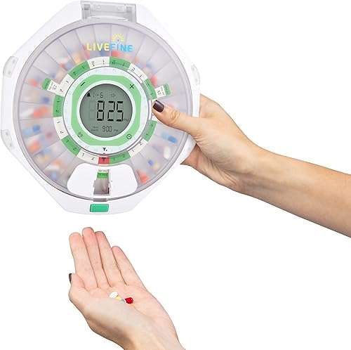 Miniatura 7 de LiveFine - Dispensador automático de pastillas de 28 días con tapa esmerilada con pantalla LCD mejorada y bloqueo de llave, sonido y luz para