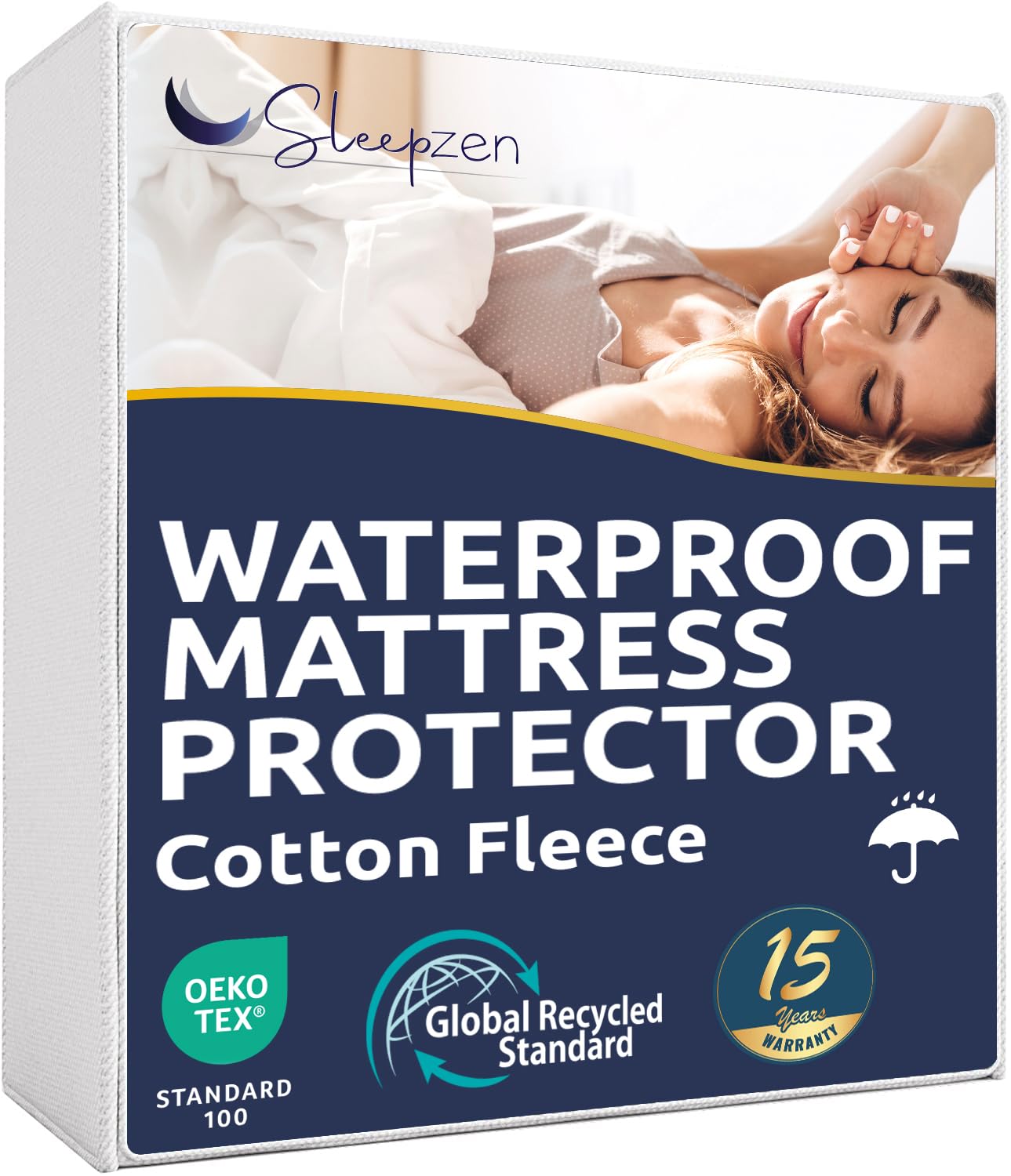 SLEEPZEN Waterproof Mattress Protector 180 x 200 cm – Oeko-TEX® Certified Mattress Protector – Surface 70% Cotton Fleece – Polyurethane Membrane Protection – Anti-Bacterial Anti-Dust Mite