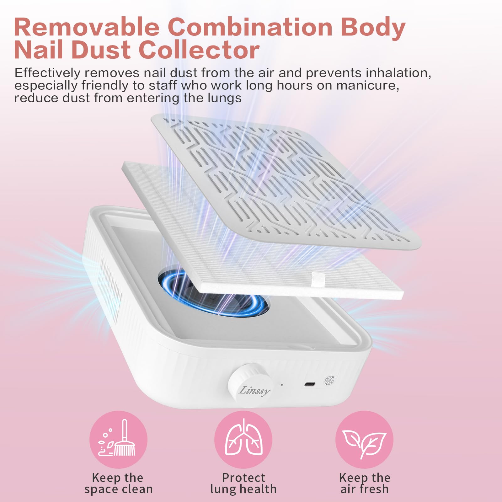Linssy Nail Dust Collector, Rechargeable & Cordless Dust Collector for Nail Tech with Reusable HEPA Filter, Extractor Dust Suction Machine for Acrylic Nails Polishing at Nail Salon & Home Use - image 2
