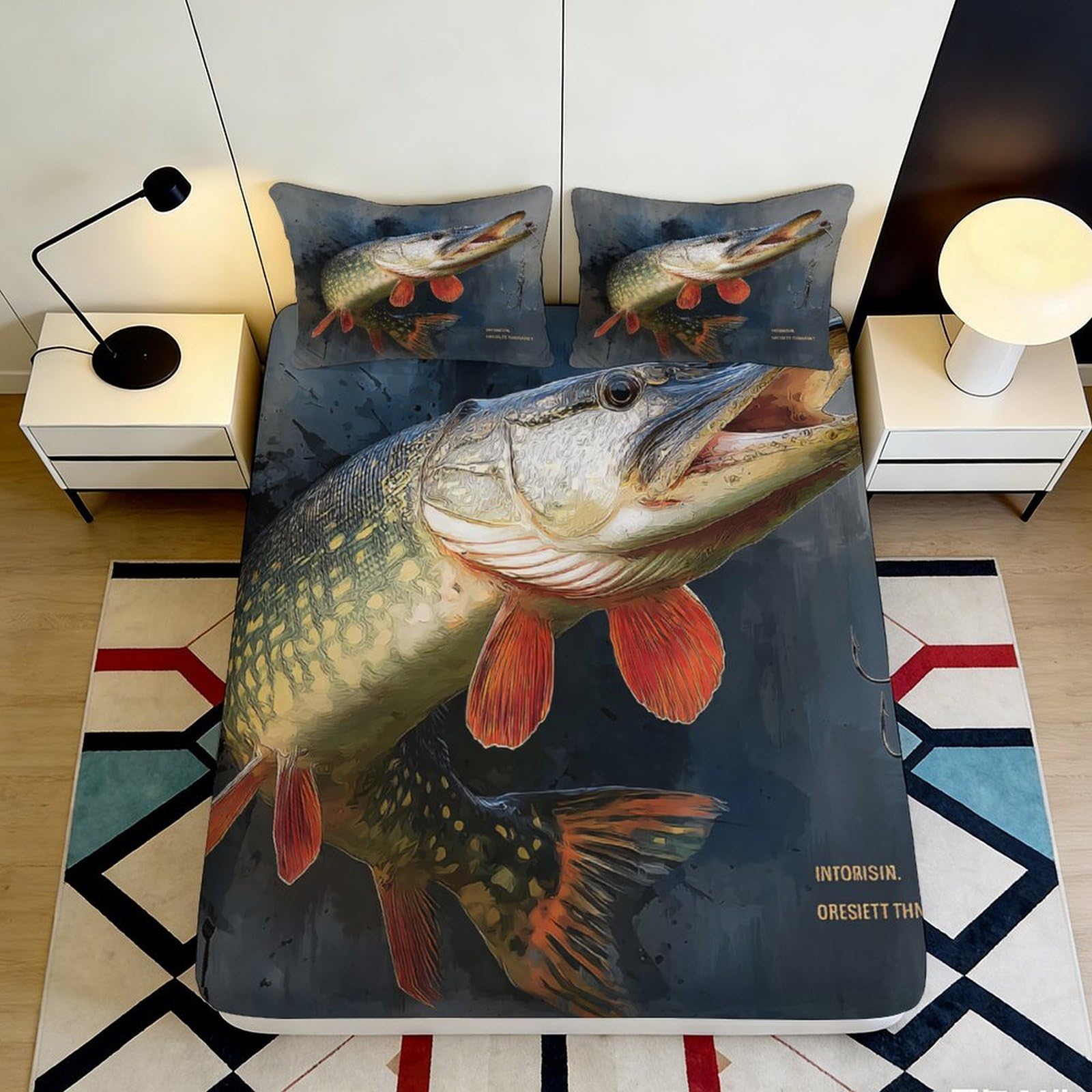 Jqzkxnhpbr Style-10 3D Printed Fish Art Fitted Sheet Microfiber Bedroom Decor Lake Pike Mattress Cover Anti-Slip Washable For Home Guest Room 90X200x25cm