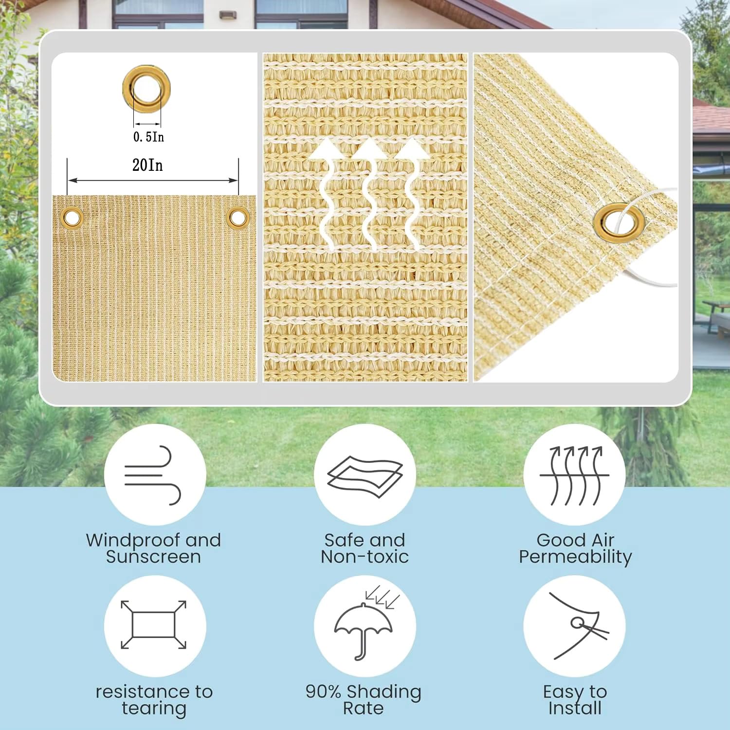 Malla de Sombreo 90% con Ojales, 3,6x6 m, Tejido HDPE 200 g/m², Malla de Ocultación Transpirable y Resistente a los UV, Red de Sombra para Jardín, Terraza, Pérgola y Porche, Beige
