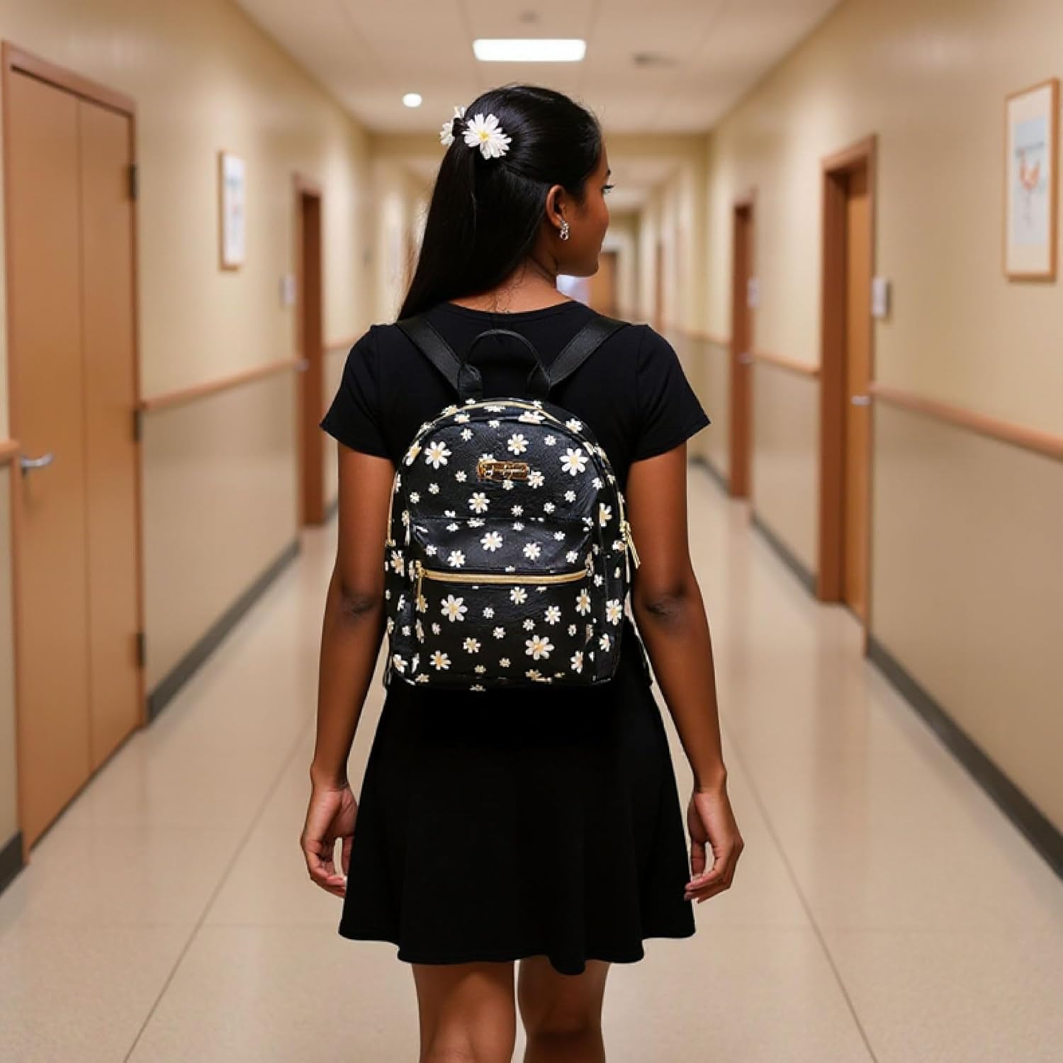 Jessica Simpson Waterproof Mini Vegan Leather Backpack Purse for Women, Travel, Work (Black Daisies) - Image 7