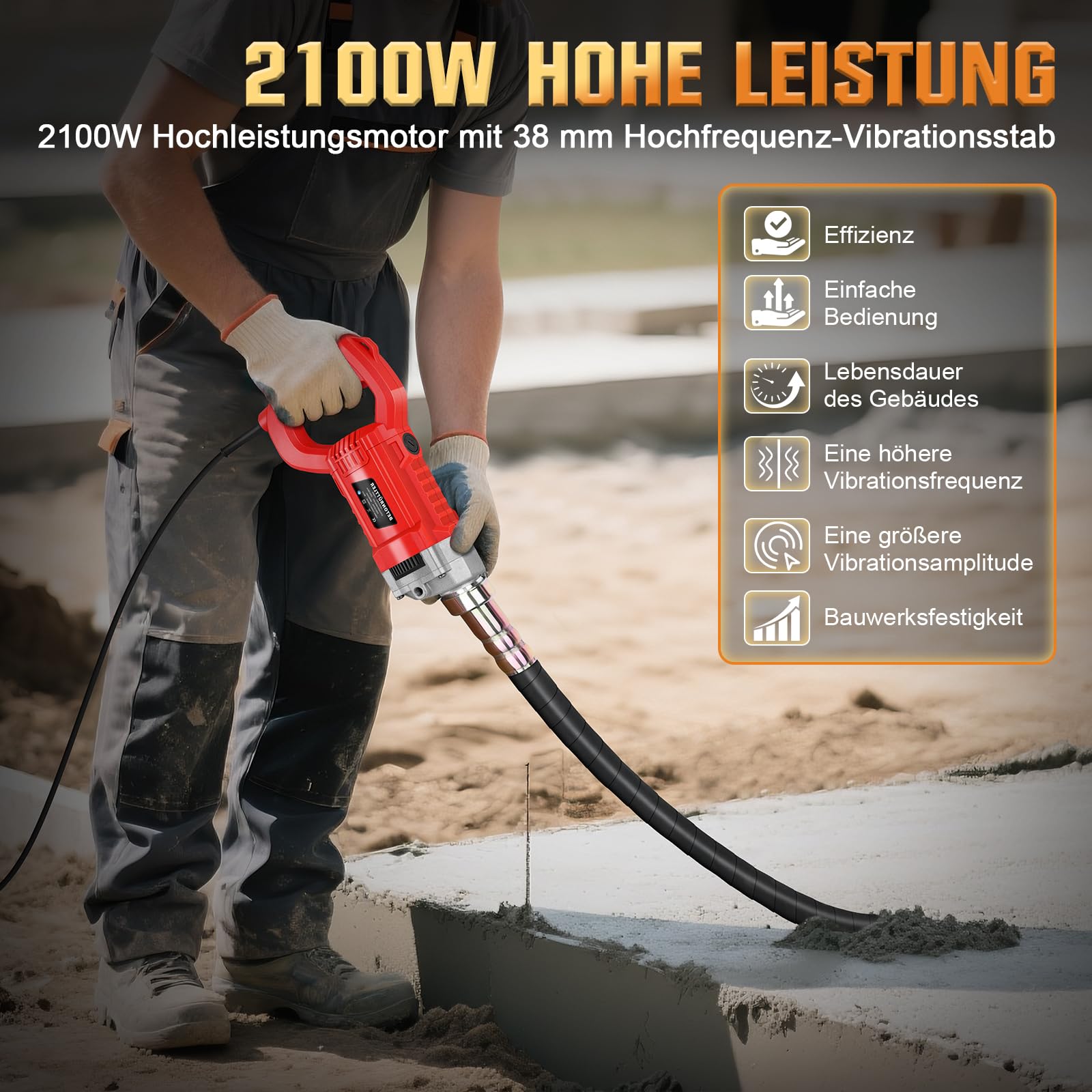 Betonrüttler 2100W mit 2m SCHLAUCHLÄNGE, 38 mm Flaschenrüttler | Elektro Betonverdichter, Beton Rüttelflasche, Rührwellendrehzahl 6800 U/min, Beton Rüttelflasche für Hausbau, Brückenbau