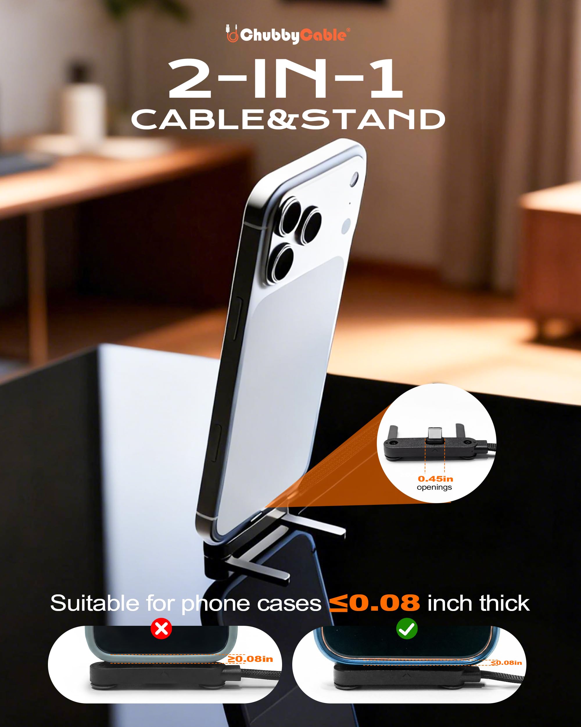chubbycable StandLite - Cavo di ricarica rapida intrecciato da 240 W con supporto per telefono integrato, a forma di T, pieghevole, durevole, cavo USB-C a 90 gradi, cavo di ricarica multifunzione ad