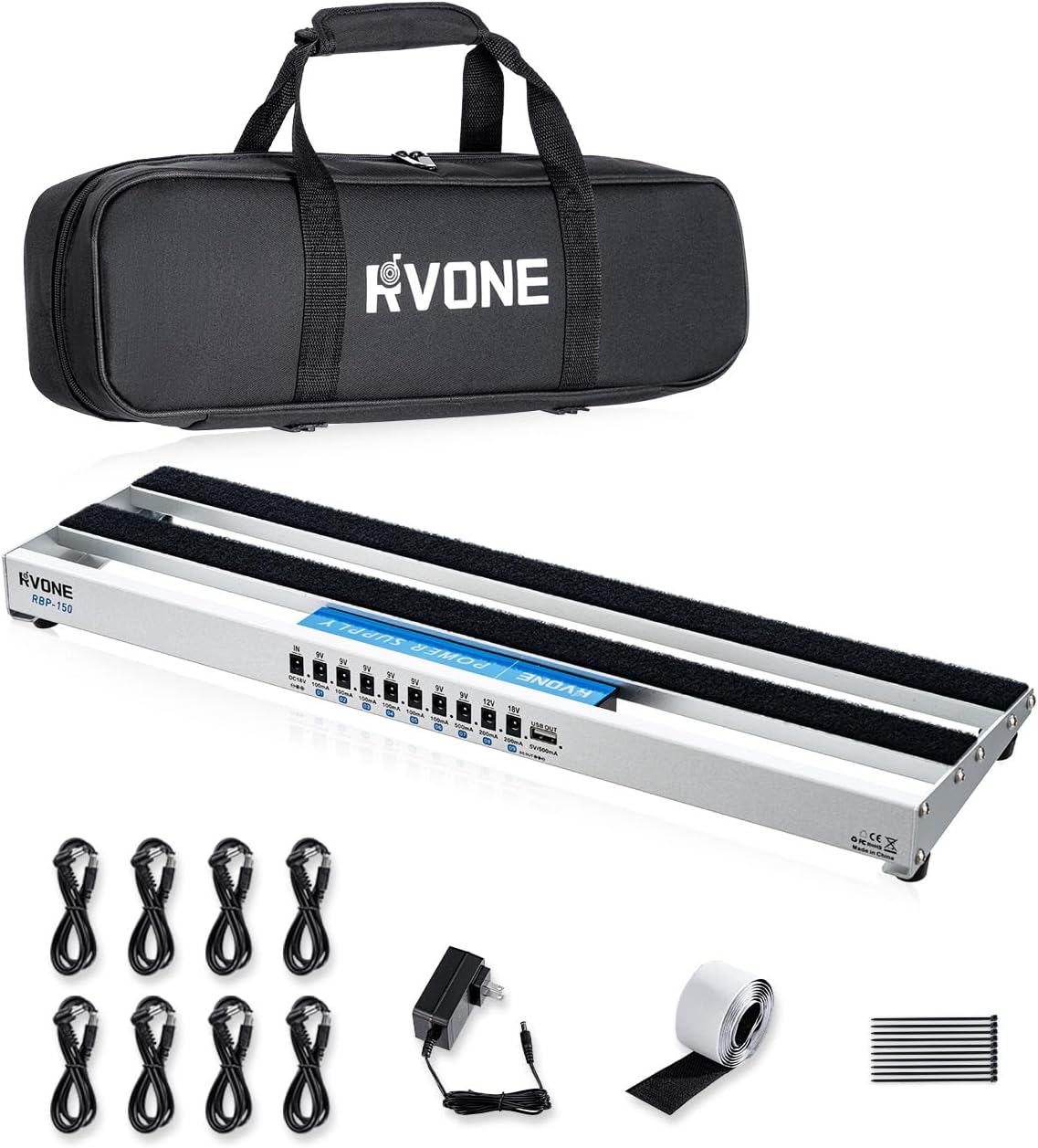 RVONE Guitar Pedal Board with Built-in Power Supply, Small 19.09x5.11" Aluminum Alloy Portable Pedalboard with Bag, Pedal Cables, Hook&Loop RBP-150