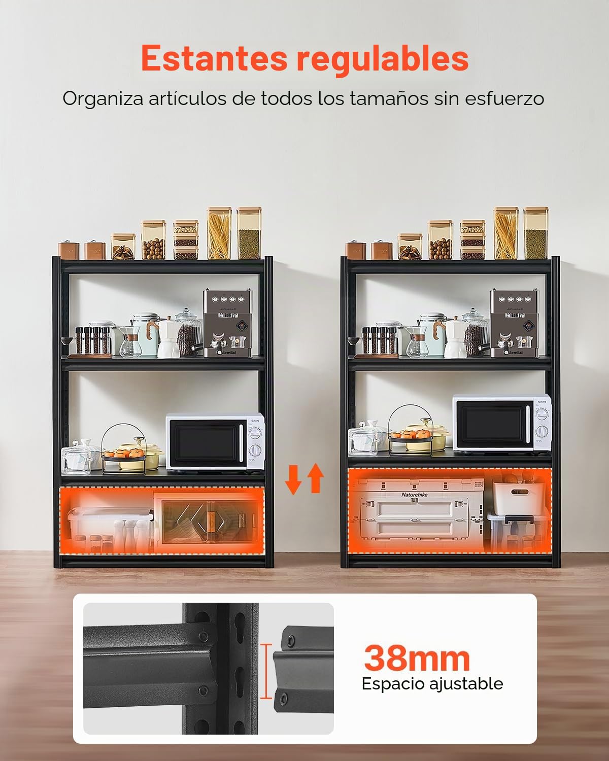 VEVOR Estantes de Almacenamiento de 4 Niveles de 508 x 1016 x 1447,8 mm Capacidad de Carga Total de 1088,6 kg, Estantes de Metal Ajustables para Garaje, Cocina, Almacén, Sótano, Trastero, Negro