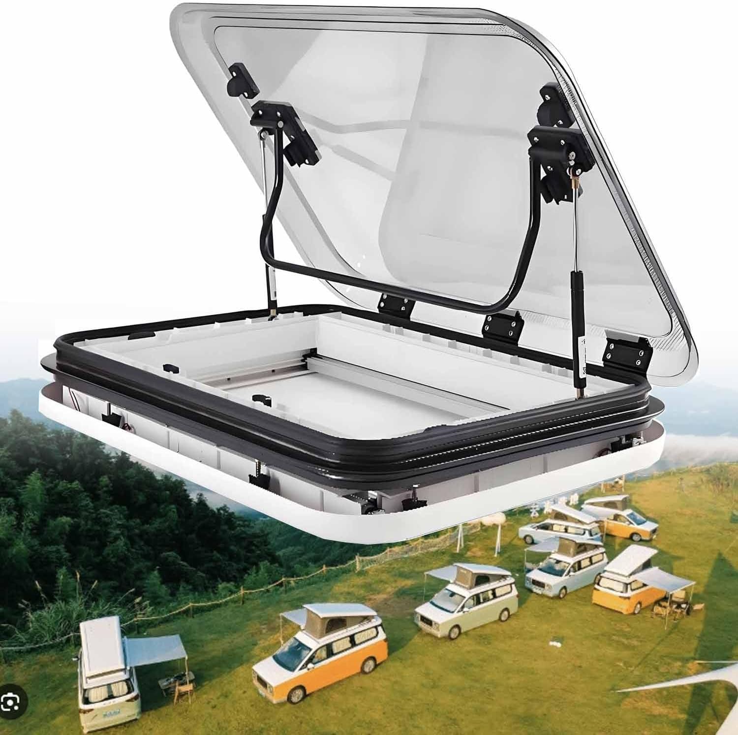 RV Roof Vent Kit, Caravan Roof Window Hatch, Universal Roof Hatch for Motorhome, with LED Light & Net, Fit for RV, Camper, Trailer and Modified Vehicle 27.6x19.7Inch