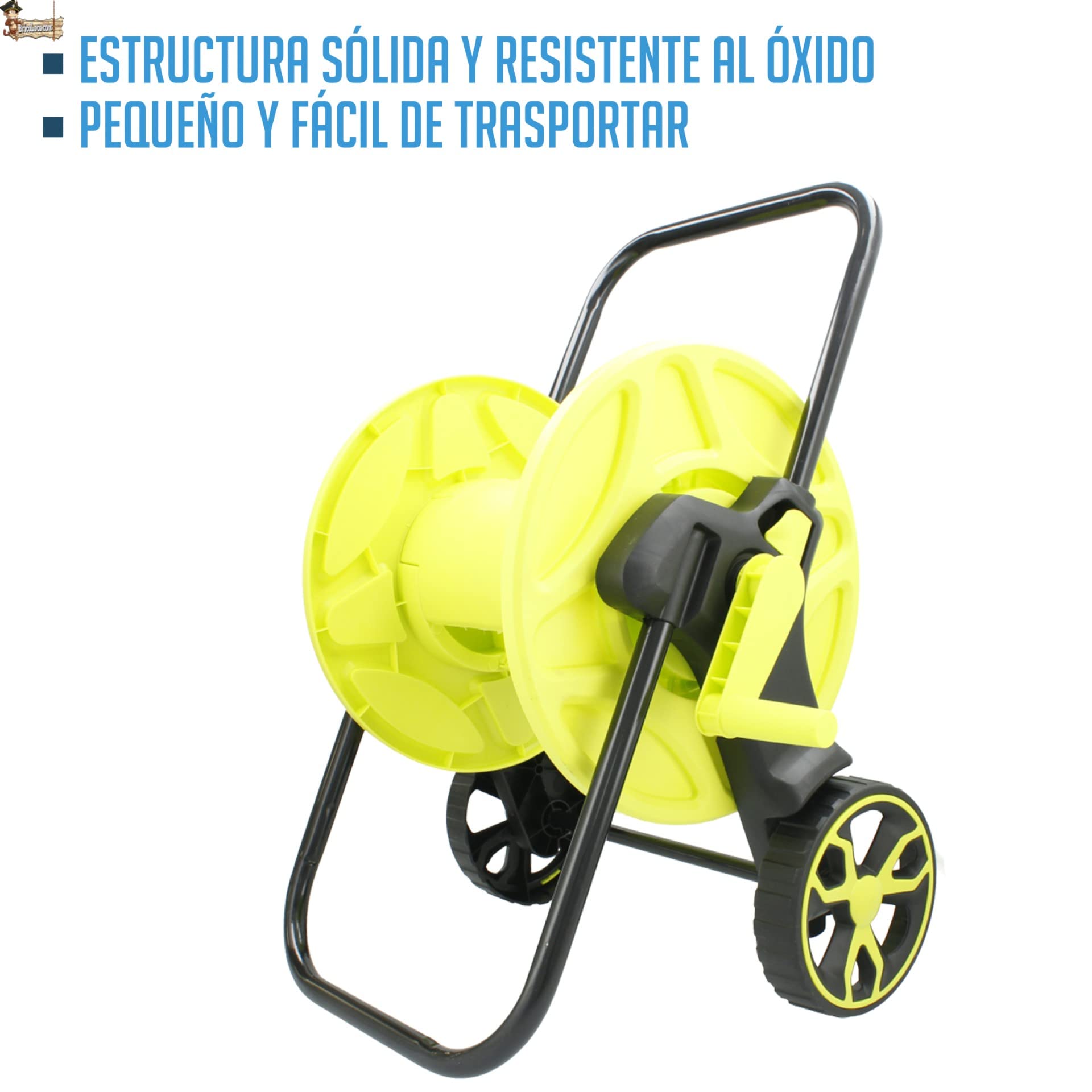 BricoLoco.com Mulinello Supporto Tubo da giardino o irrigazione con avvolgitore fino a 25 metri Raccogli tubi Acqua arrotolabili Carrello porta maniglione con ruote, presa rapida e antigoccia.