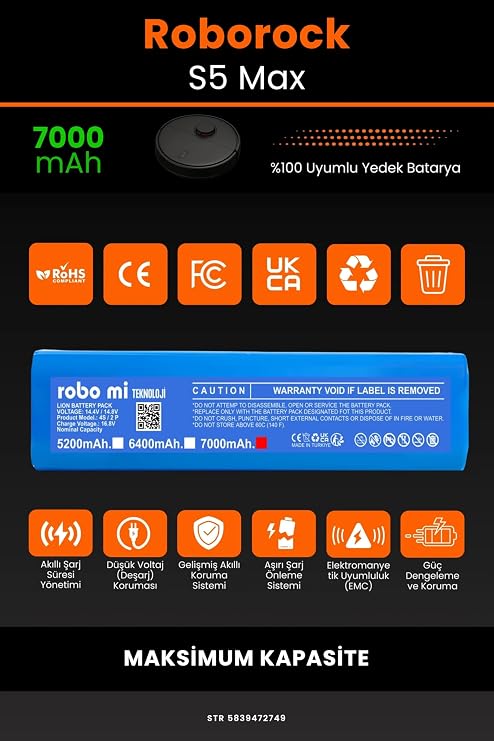 Roborock S5 Max Uyumlu 7000mAh - Kutusuz Model - Yüksek Kapasite