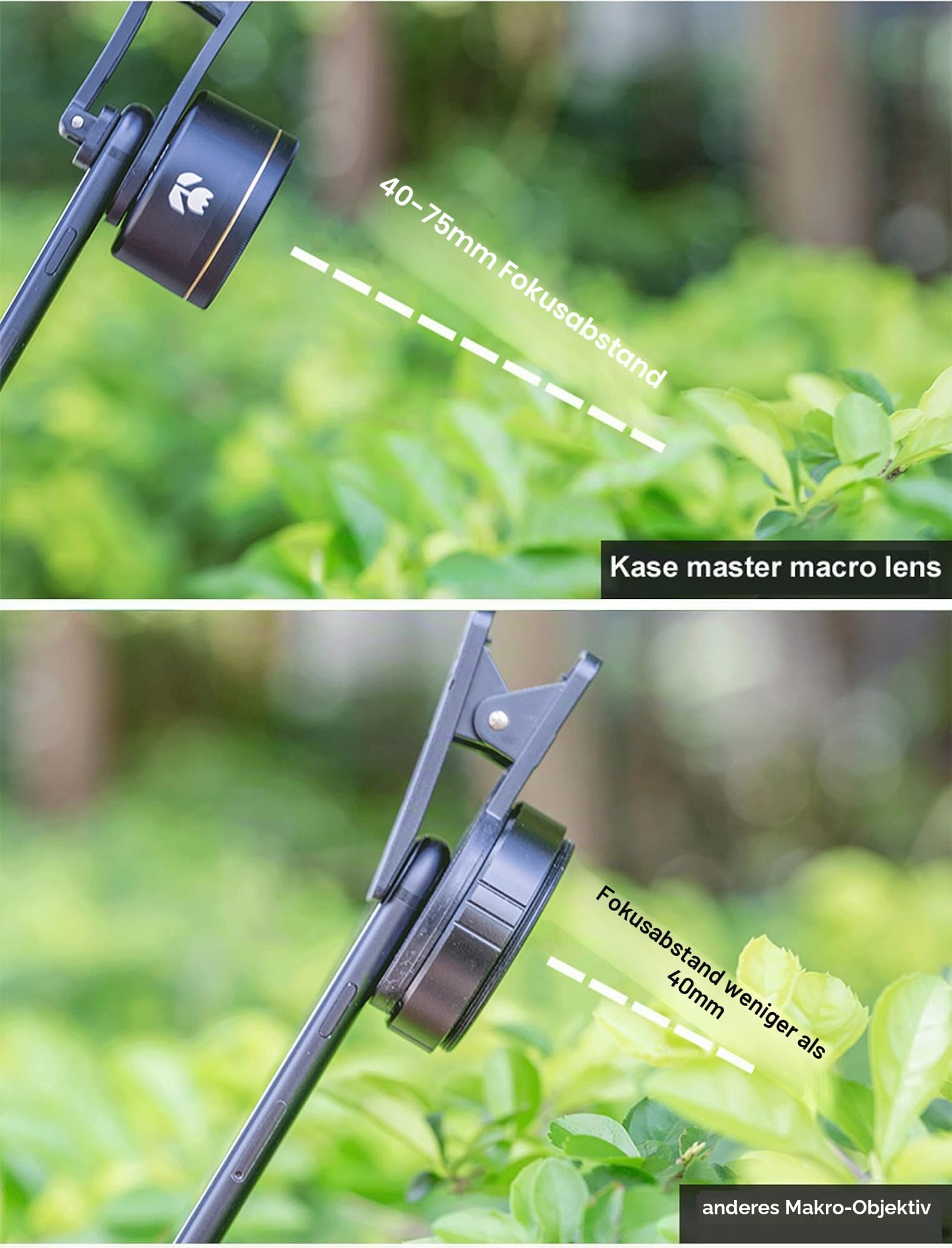Kase Smartphone Master Makro-Objektiv mit Handy-Clip für iPhone 16, 15, 14, 13, 12, 11, 8, 7, XR X, XS, 6/Samsung/Android, 17 mm Gewindehalterung, Handy-Makro-Objektiv-Aufsatz, Metallgehäuse