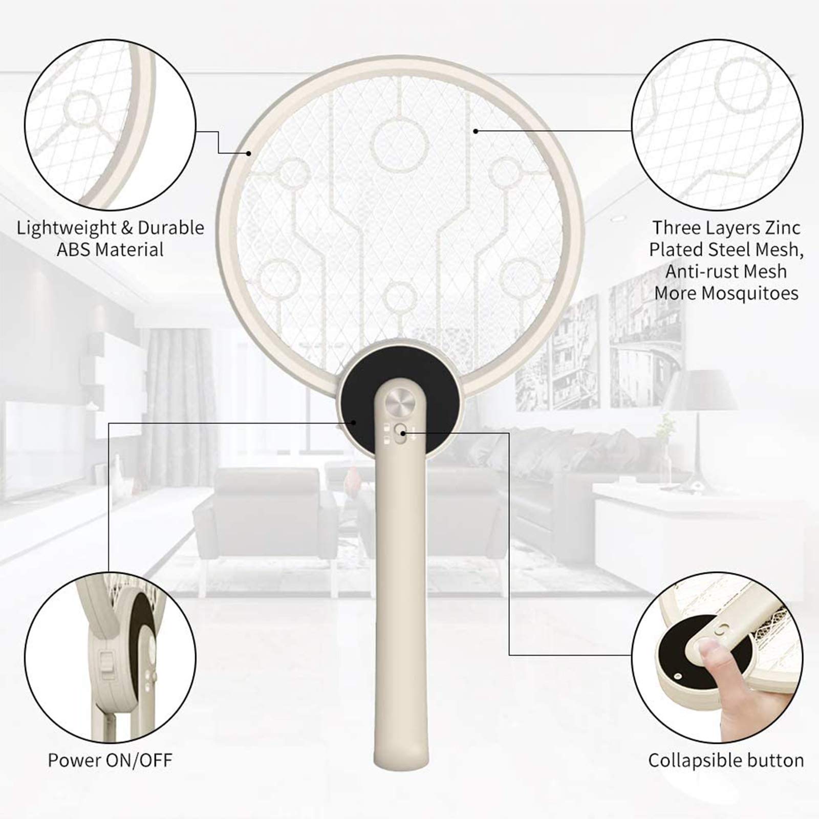 Racchetta Elettronica Fly Swatter, Racchetta Pieghevole e Lampada Anti-Zanzara con Luce UV, Illuminazione a LED, USB Ricaricabile, 3 Strati di Rete di Sicurezza, Perfetta per Interni ed Esterni