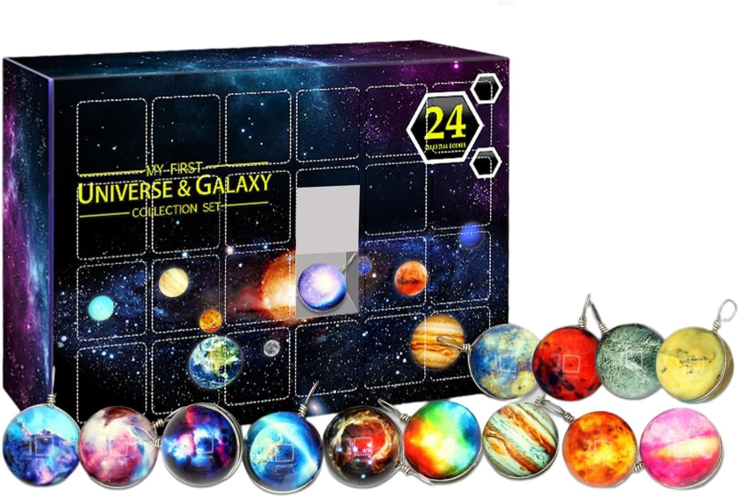 Christmas Advent Calendar "Magic of the Galaxy Universe": A Surprise Gift Box for Kids and Adults containing Small Glass Planets, that could be used as a Keychain, Pendant, Small Christmas tree ball, 24 Days Toy Set, Take Your Cosmic Planet Anywhere for Endless Fun