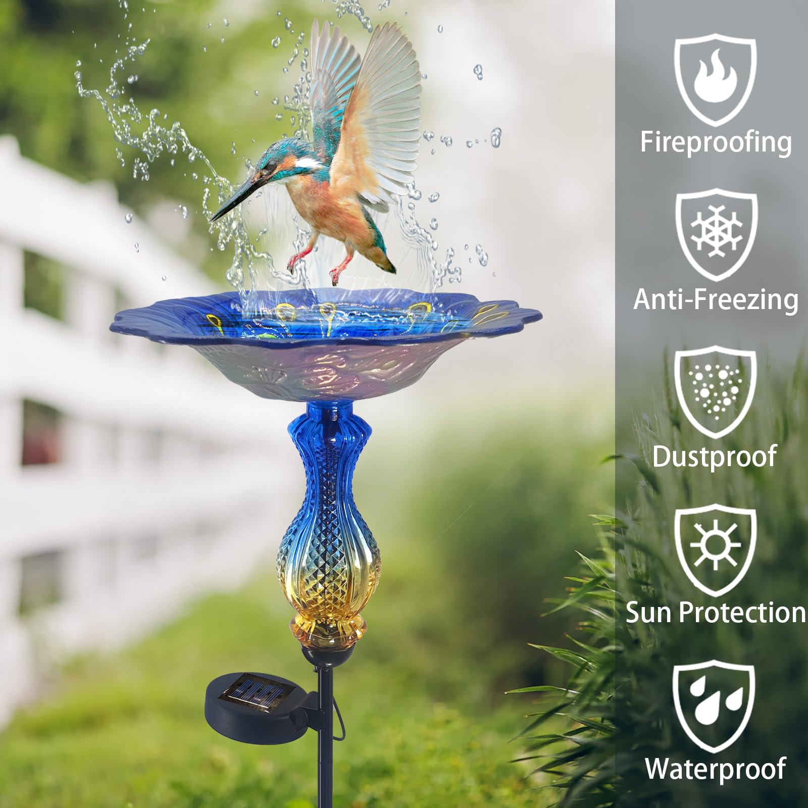 John's Studio Vogeltränke mit Pfau für den Außenbereich – Glasschale Solarlicht Vogeltränke Käfig Außenschale Vogelfutterspender mit Metallpfahl für Garten, Hof und Terrasse – Blau 81,3 cm