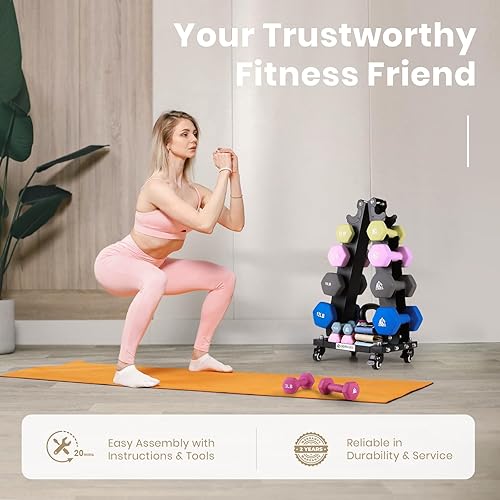 Miniatura 7 de LIONSCOOL Soporte para mancuernas de acero sólido de alta calidad, organizador portátil de almacenamiento de pesas con bandeja y ruedas opcionales,