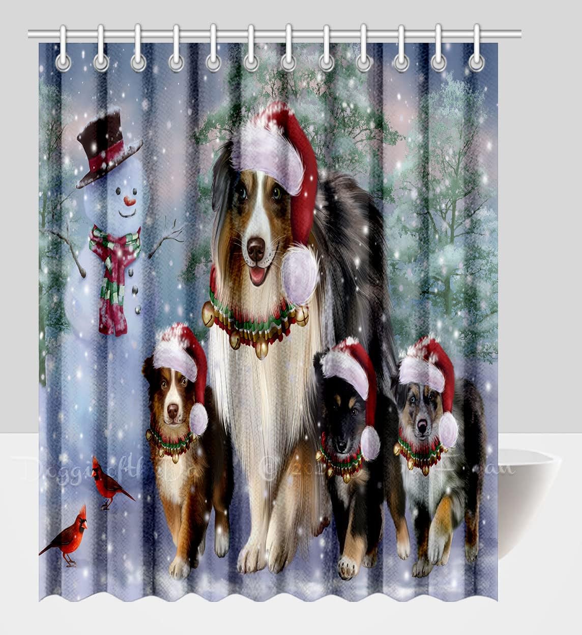 Christmas Running Family Australian Shepherd Dog Shower Curtain - Polyester Waterproof Pet Bathtub Curtain One-Side Printing Decor Curtain for Bathroom with Hooks, 36"x72"