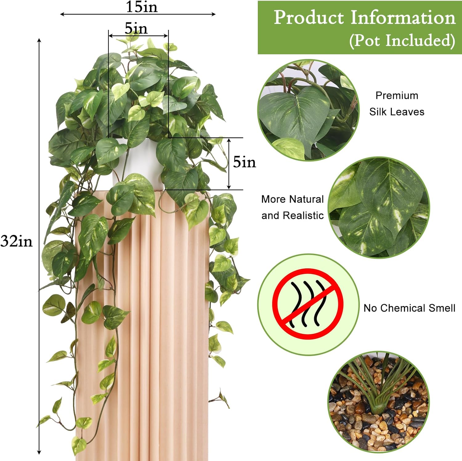 CEWOR Fake Plants Artificial Plants Indoor Faux Plant for Home Decor Silk Realistic Hanging Plants Potted Aesthetic Fake Pothos for Shelves Office Bedroom Bathroom Decor (Green)