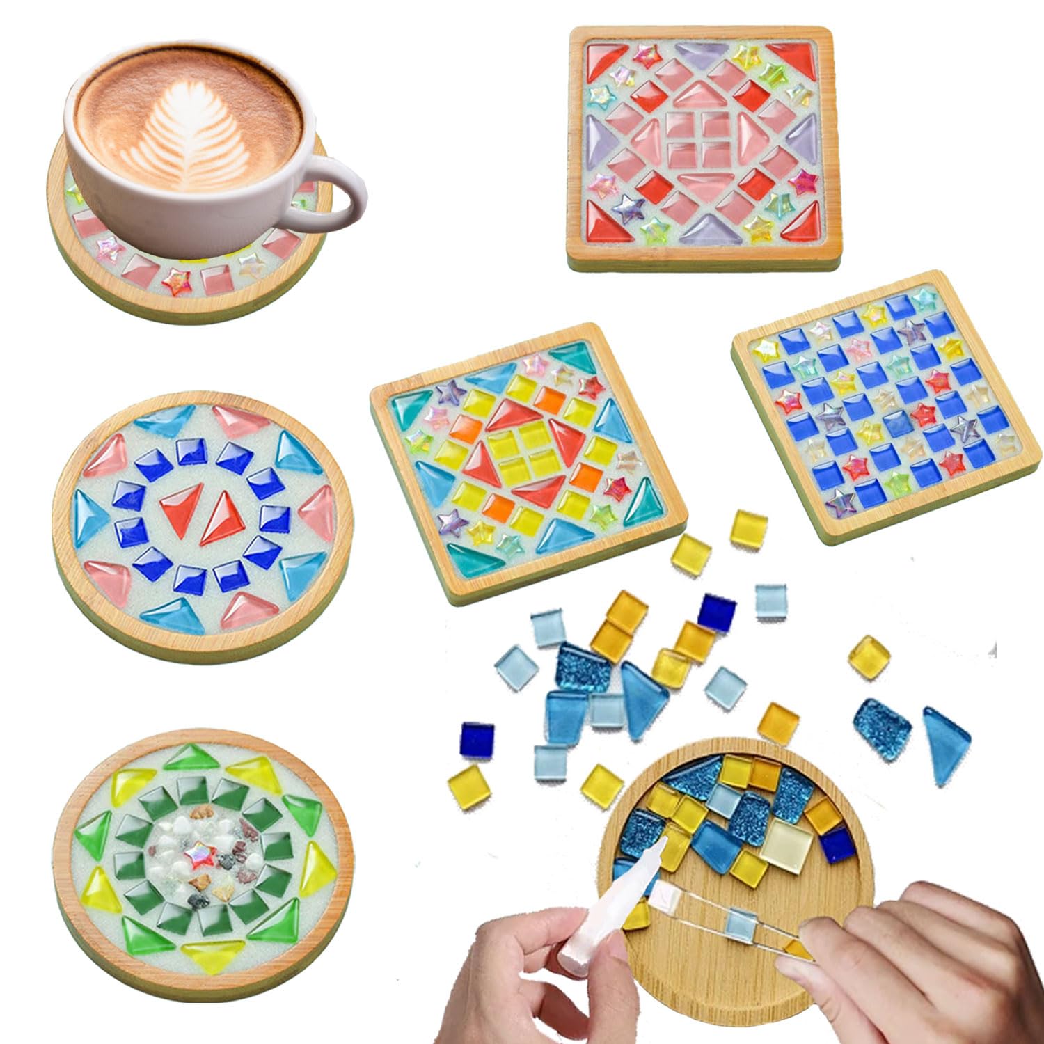 KDBDSYZB 6 Sets DlY Mosaic Tiles for Crafts,Mixed Color Glass Mosaic Kits with Wooden Coaster for Adults,DlY Coasters Kit Mosaic Supplies for Handmade Home Decoration Gift (Square and Round)