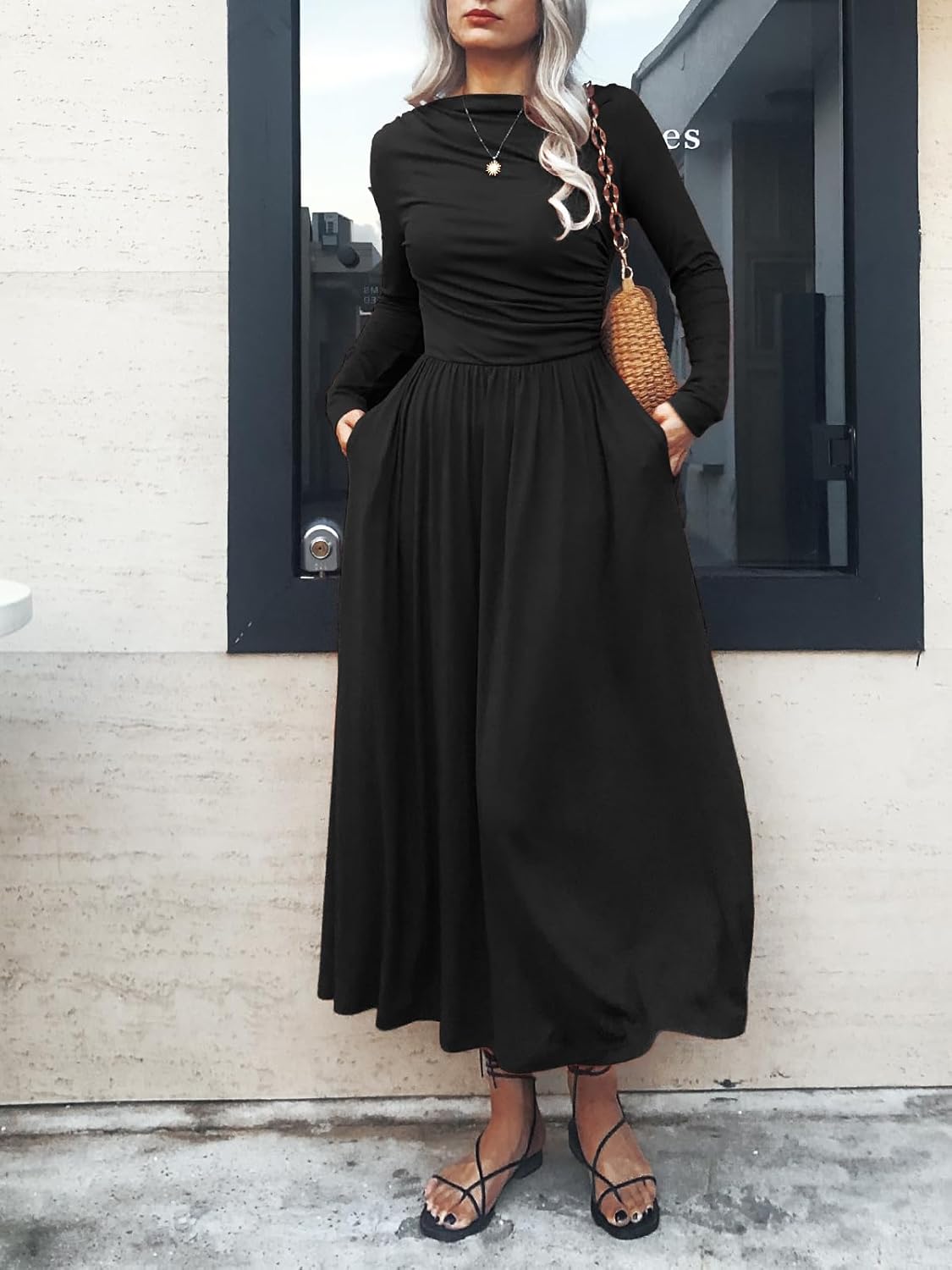 Women's Long Sleeve Maxi Dress 2025 Fall Crewneck Knit Plain Empire Waist Casual Slim Pleated Dresses with Pockets - Image 5