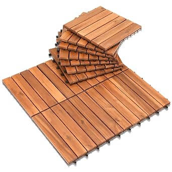 Ikodm Wooden Tiles Patio Tiles Click Tiles 44 x Panels Balcony Tiles Garden 4 m  30 x 30 cm Wood Acacia Mosaic 6 Slats for Patios and Balconies