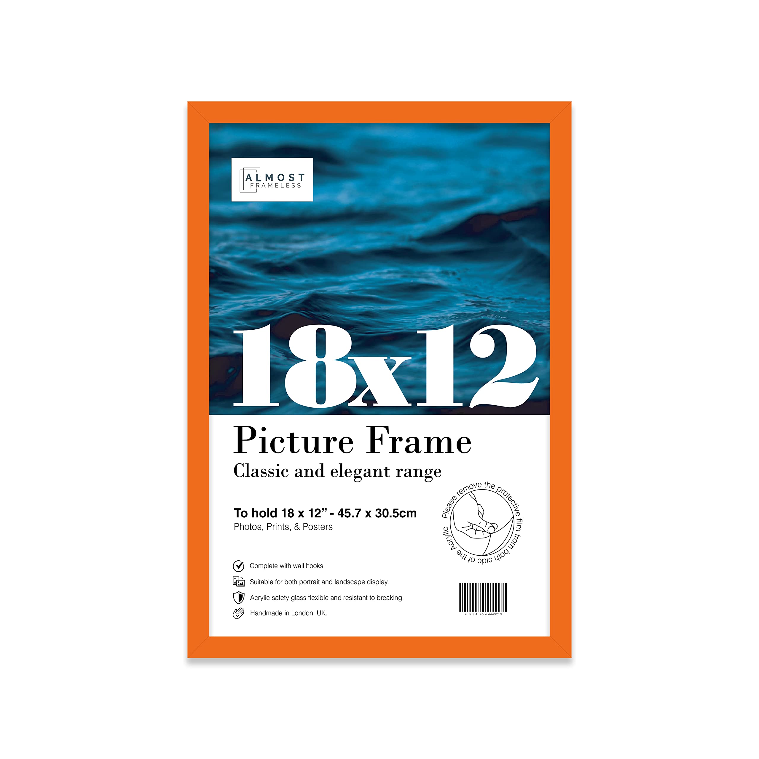 Almost Frameless 18x12 Orange Picture Frame 18"x12"(45.7x30.5cm) Poster, Photo, Artwork, or Print. Thin Edge Slim Frame Portrait and Landscape Display with Wall Hooks