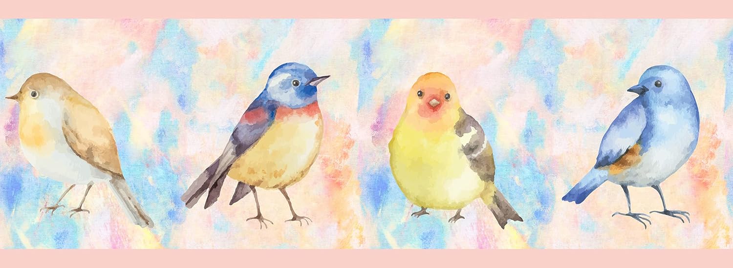 GB30011g8 Birds in Pines Peel and Stick Wallpaper Border with Foresty and Nature Interior Styles 8 in Height x 15ft Long, Blue White Pink Yellow Made in USA by Grace and Gardenia Designs