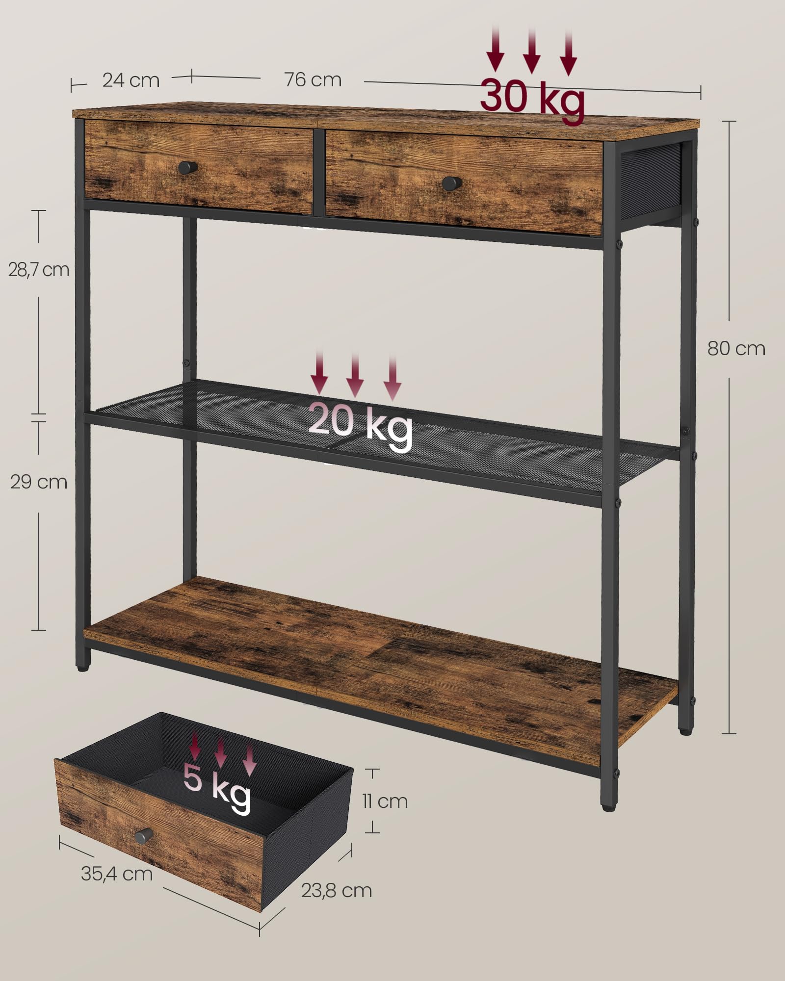 VASAGLE Table d'Entrée Étroite, avec 2 Tiroirs en Tissu, Meuble Console, Bout de Canapé sur 3 Niveaux, 24 x 76 x 80 cm, pour Entrée, Salon, Marron Rustique et Noir d'encre LNT092K01