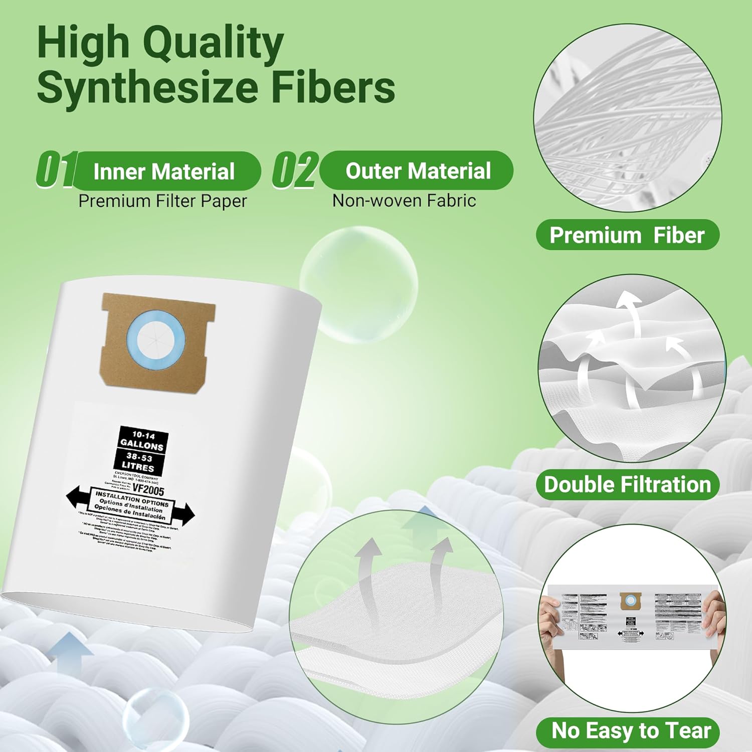 5 Pack Vacuum Bags Replacement for Shop Vac Bags 10-14 Gallon Type F 90662 9066200 9066233 and Type I 90672 9067200 9067233, PETOX High-Efficiency Disposable Vaccum Collection Filter Bags