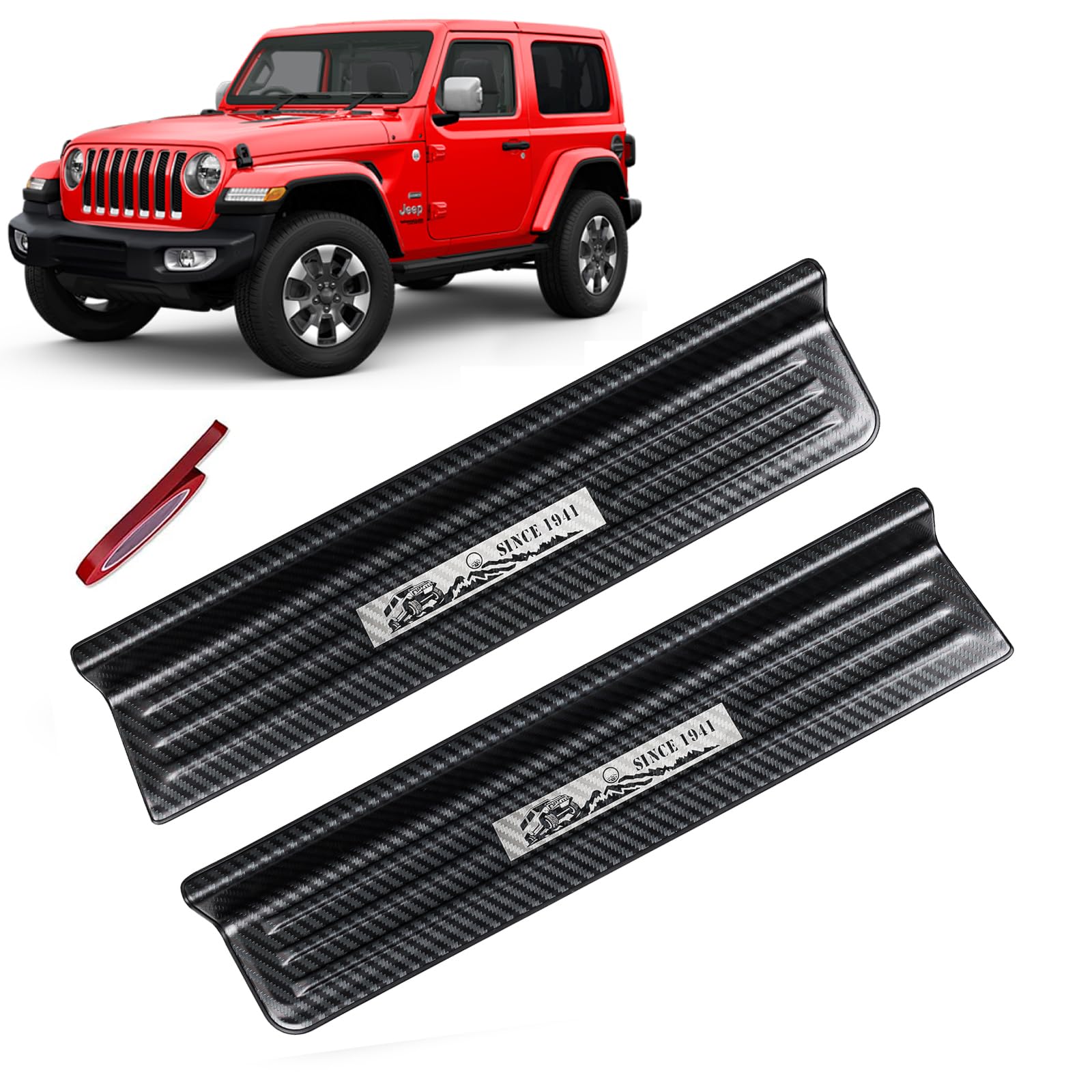 Rowa Door Sill Guards Compatible with Jeep 2018-2025 Wrangler JL JLU & 2020-2025 Gladiator JT, Carbon Fiber Pattern 304 Stainless Steel Door Entry Guard Full Coverage for Door Sill Protector (2- Door)