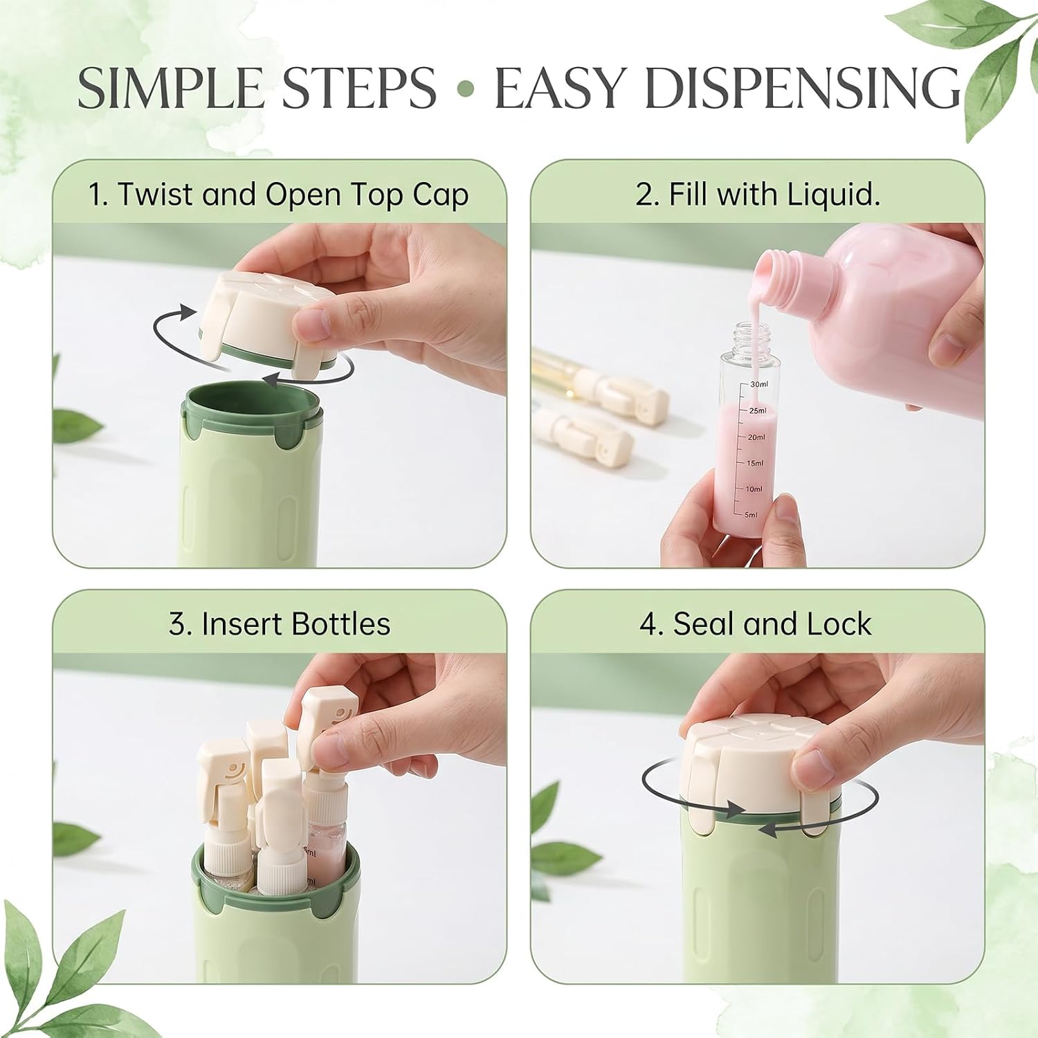 4 in 1 Travel Dispenser Bottle, TSA Approved Leakproof Rotatable Container Green
