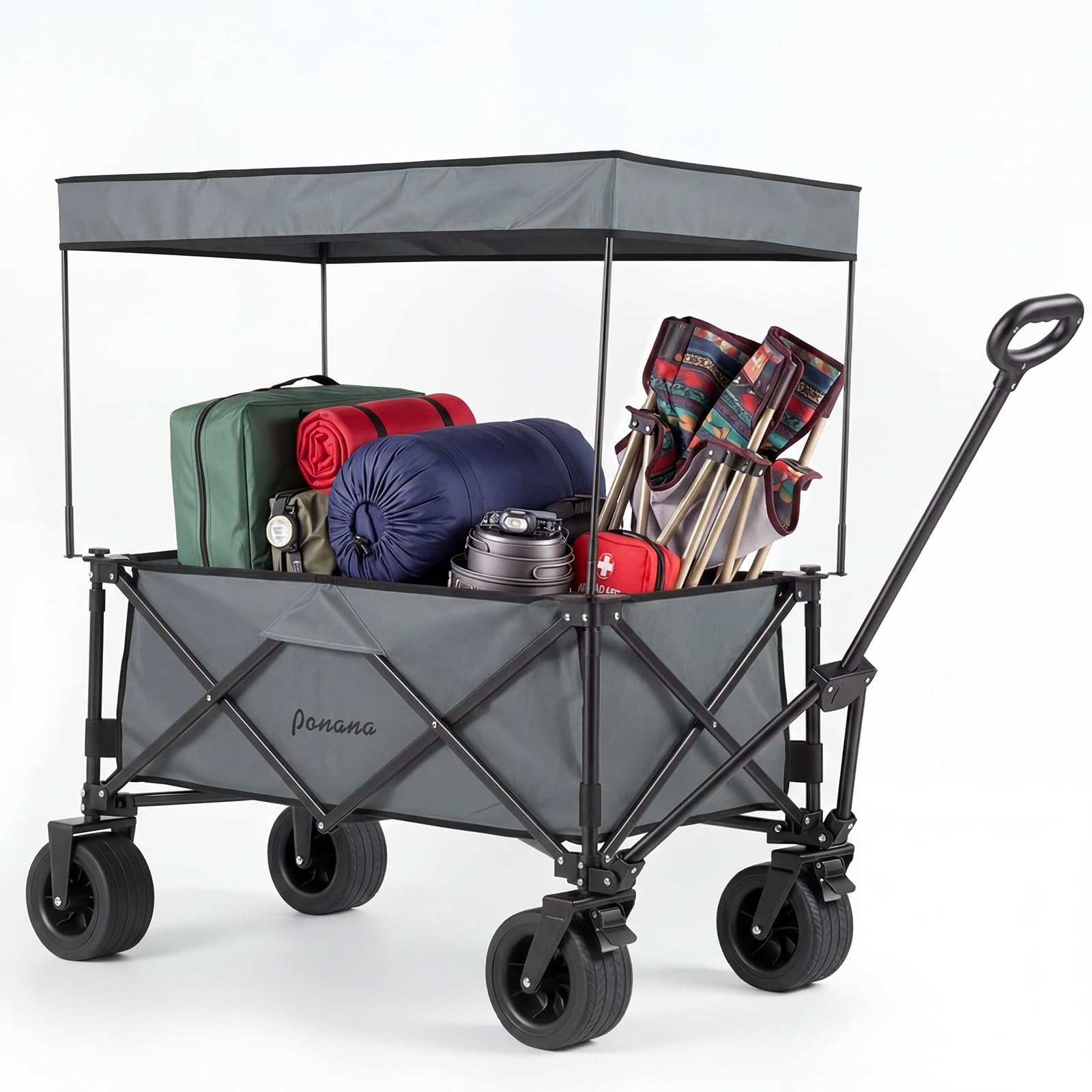 Panana Folding Trolley Removable Canopy Wide Wheels, Foldable Wagon, Portable Camping Cart, Collapsible Trolly With Adjustable Handle, Shopping Trolley Foldaway (Grey, 150L With Canopy) โ image 1