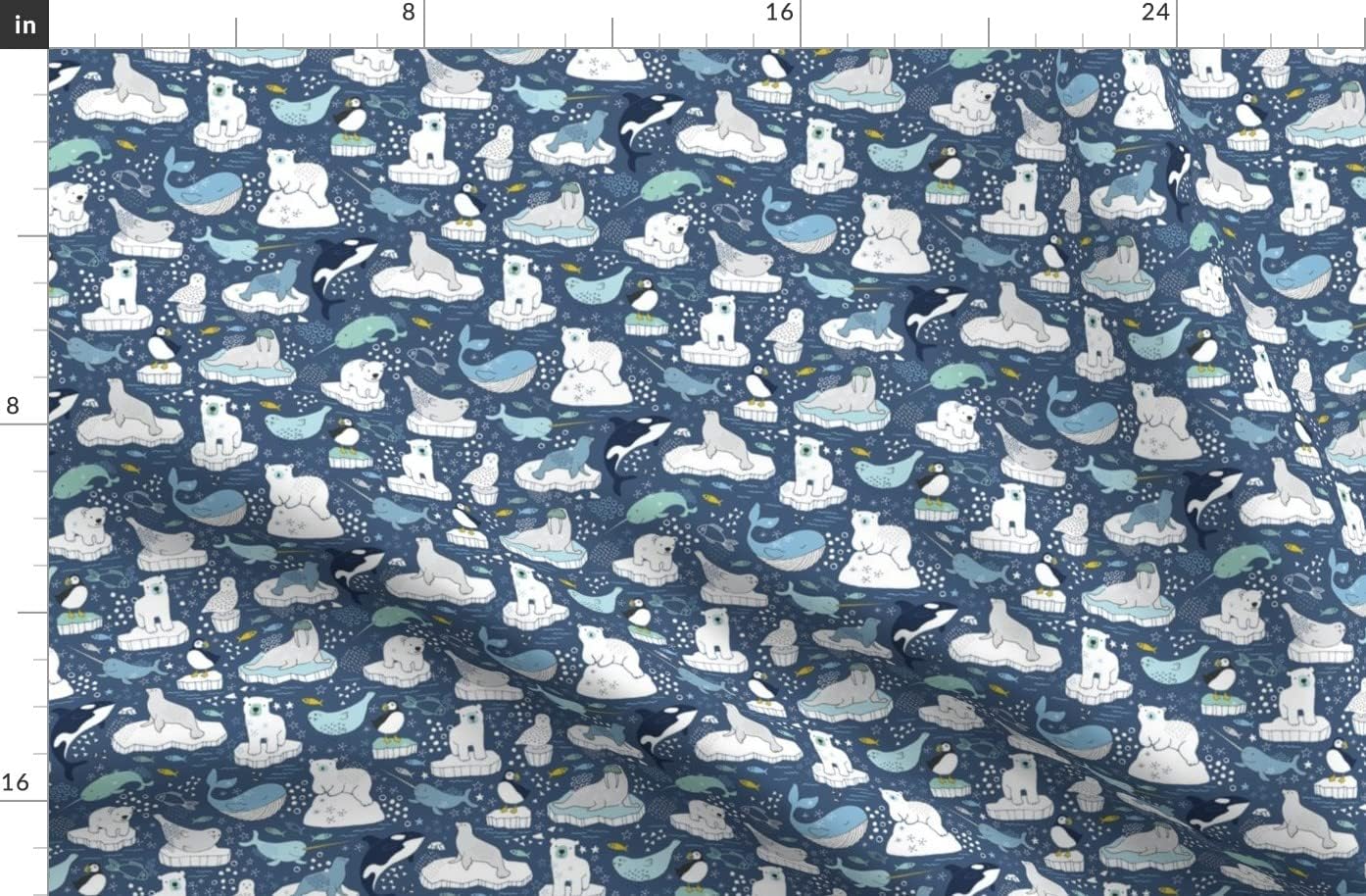 Spoonflower Fabric - Arctic Animal Blue Mustard Medium Small Teal Polar Bears Puffins Ocean Printed on Organic Cotton Sateen Fabric by The Yard - Sewing Quilting Apparel Home Decor