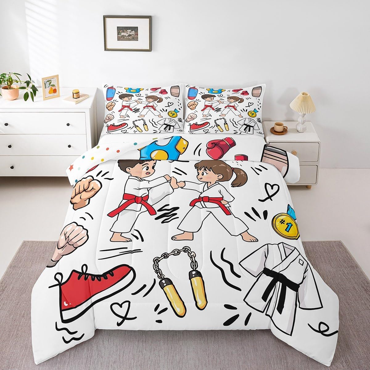 Erosebridal Karate Comforter Set Twin Size, Cartoon Karate Tools Printed Bedding Set for Kids Boys Girls Teens, Cute Boy Girl in Kimono Bedding Comforter Sets, Hand Drawn Doodle Style Bed Sets