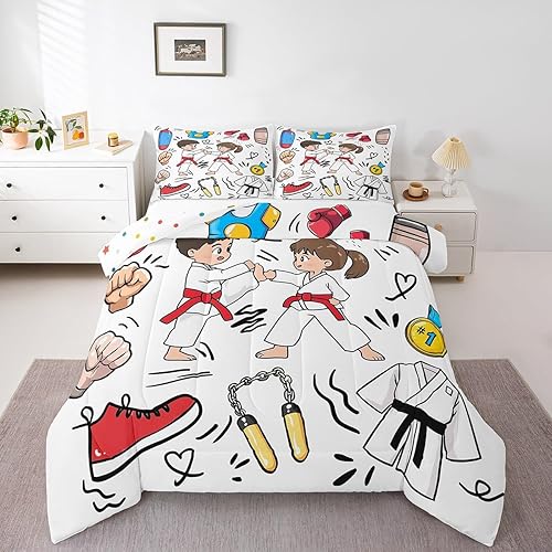 Erosebridal Karate Comforter Set Queen Size, Cartoon Karate Tools Printed Beddin