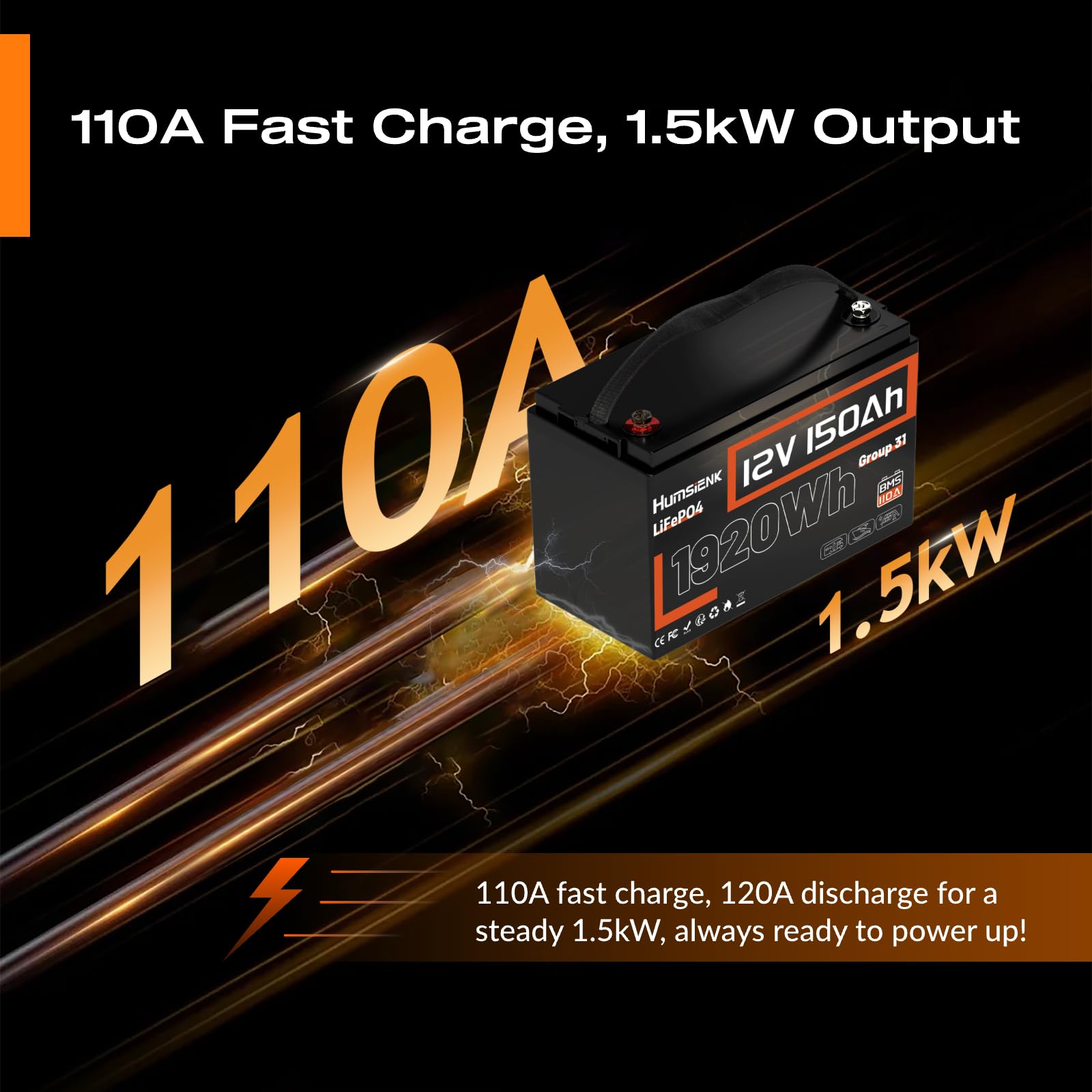 Humsienk 12V 150Ah akumulator Deep Cycle LiFePO4 z BMS 110 A, 15000 cykli, maks. 1920 Wh energii z funkcją ochrony przed niską temperaturą, idealny zamiennik dla akumulatorów kwasowo-ołowiowych