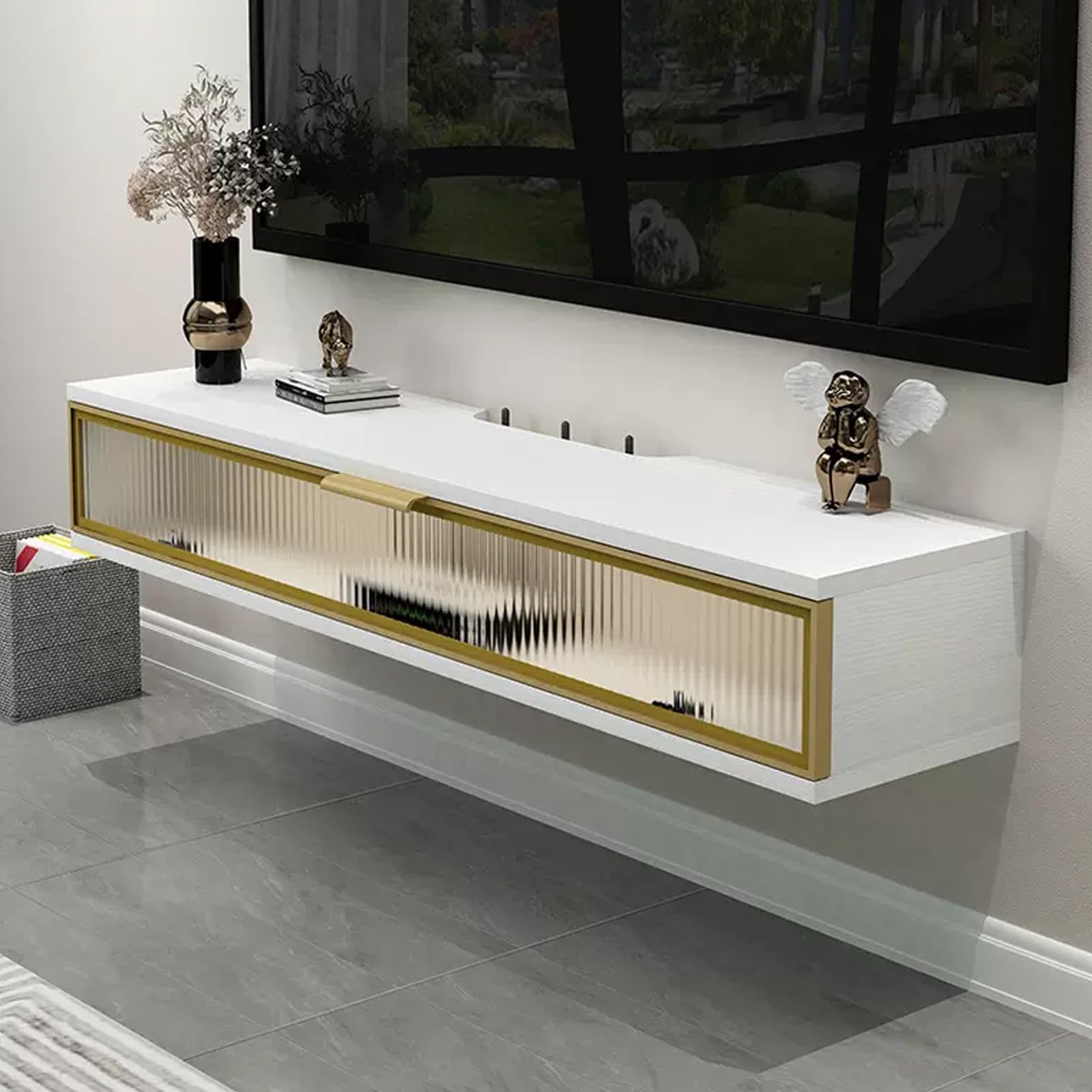 Xrrjfyh White-A Small Tv Stand, Floating Tv Console Entertainment Center Tv Cabinet With Flip Glass Door, For Bedroom, Media Room, Small Living Room (Color : Size : 80Cm/31In)