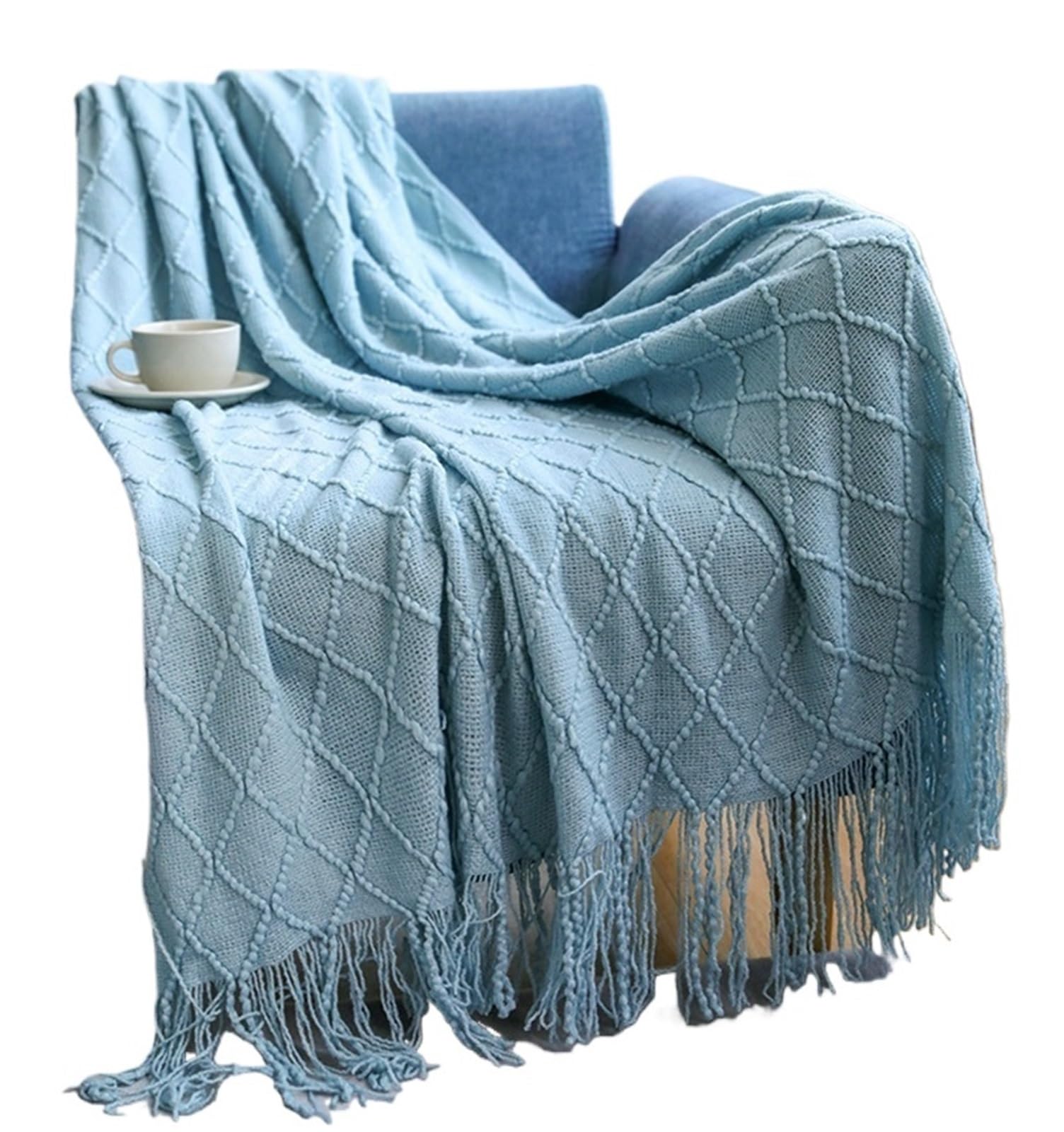 KiddiBubzi Soft Cozy Vintage Textured Knitted Throw Blankets With Tassels Lightweight Decorative Throws Farmhouse Woven Blanket For Adults(Color 2)