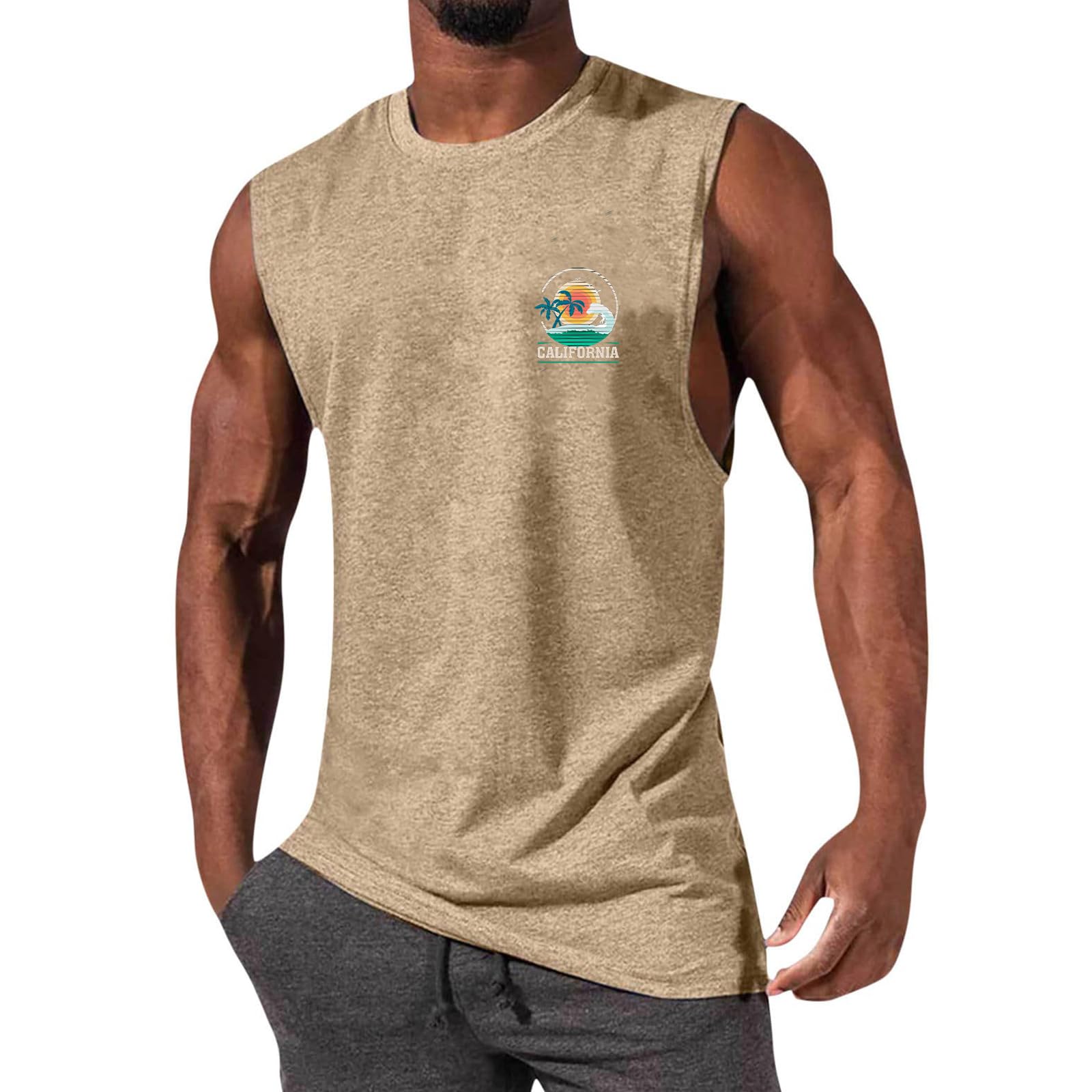 Glsayzu Men's Khaki Casual Tank Tops Summer Beach Sleeveless Shirt Muscle Tee Basic T-Shirts Loose Fit (,M)