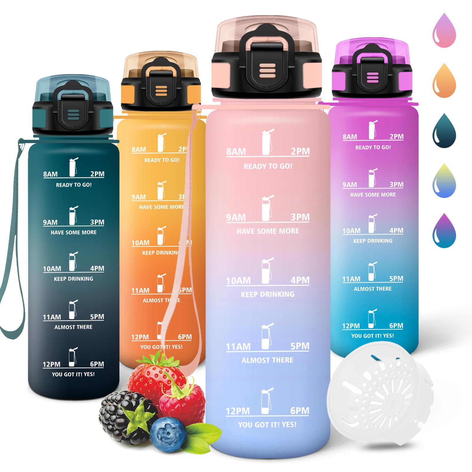 Motswedi Borraccia 1 litro,Riutilizzabile, Borraccia Motivazionale, a Prova di Perdite, Bottiglia Acqua, Senza BPA, Borracce, per Sport, Ufficio, Ciclismo, Palestra, Rosa&Blu cielo