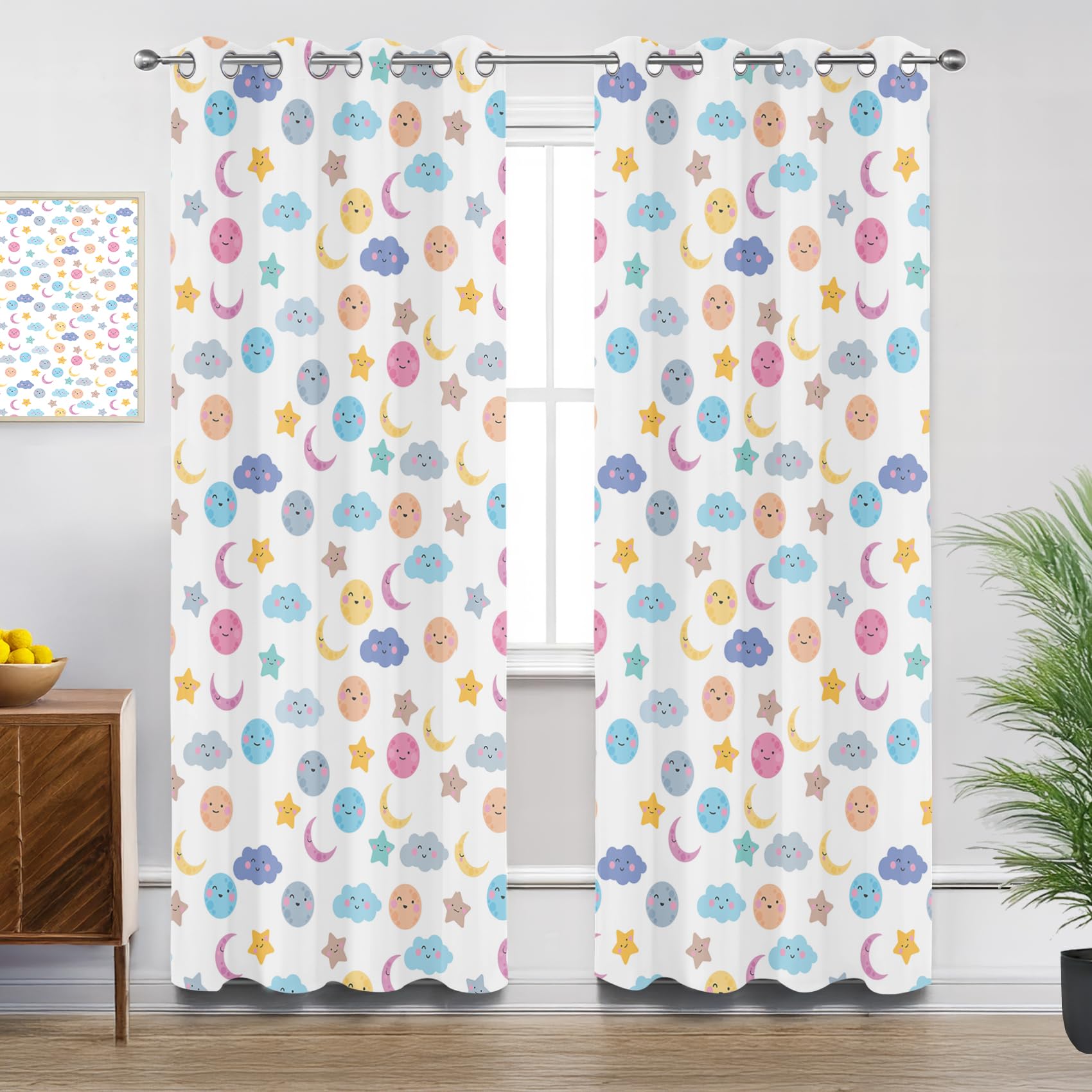 Nursery Curtains for Living Room, Cartoon Moon Cloud Stars Polka Dot Kids Blackout Curtains Thermal Insulated Extra Long Bedroom Curtain Eyelet, W90 X D108, 2 Panels Drapes Home Decorations