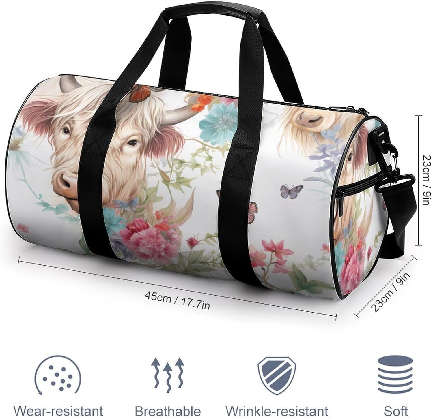 Highland Cow Flower Butterfly Print Gym Sport Bag Travel Duffel Bags Weekender Carry on Tote Bags for Women Men