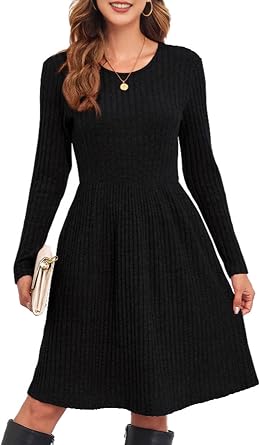 Womens Long Sleeve Sweater Dress Elegant Round Neck Pullover Dresses Casaul A Line Knitted Mididress Fall Winter