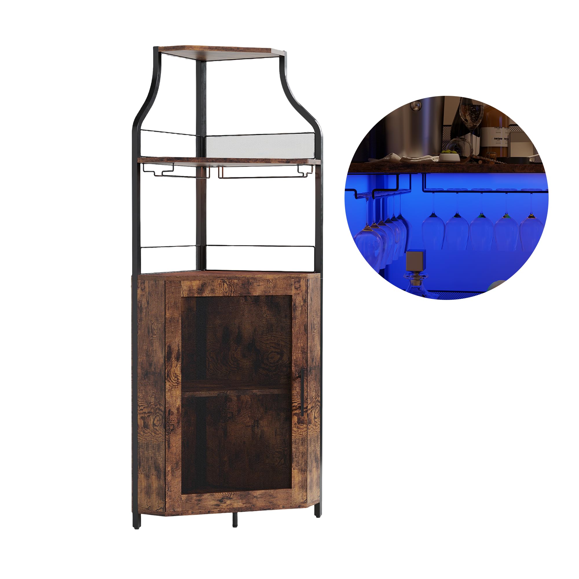 GarveeTech Eckbar Weinschrank Mit LED-Beleuchtung – 5-Stufiger Industrie-Bar-Schrank Mit Glasständer, Moderner Spirituosenschrank Mit Höhenverstellbarem Regal & Maschentür – Home Bar Cabinet, Braun