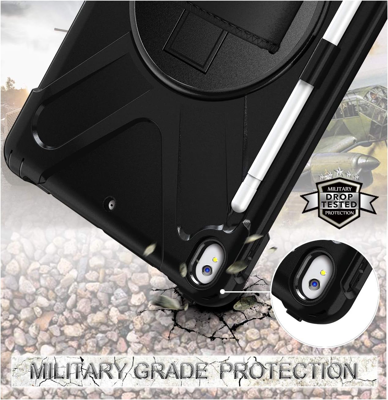 Azzsy iPad Air 3 Case 10.5" 2019/iPad Pro 10.5 Case 2017,[360 Degree Swivel Stand/Hand Strap] Heavy Duty Shockproof Rugged Full Body Protective Case for iPad Air (3rd Generation) 10.5" 2019,Black